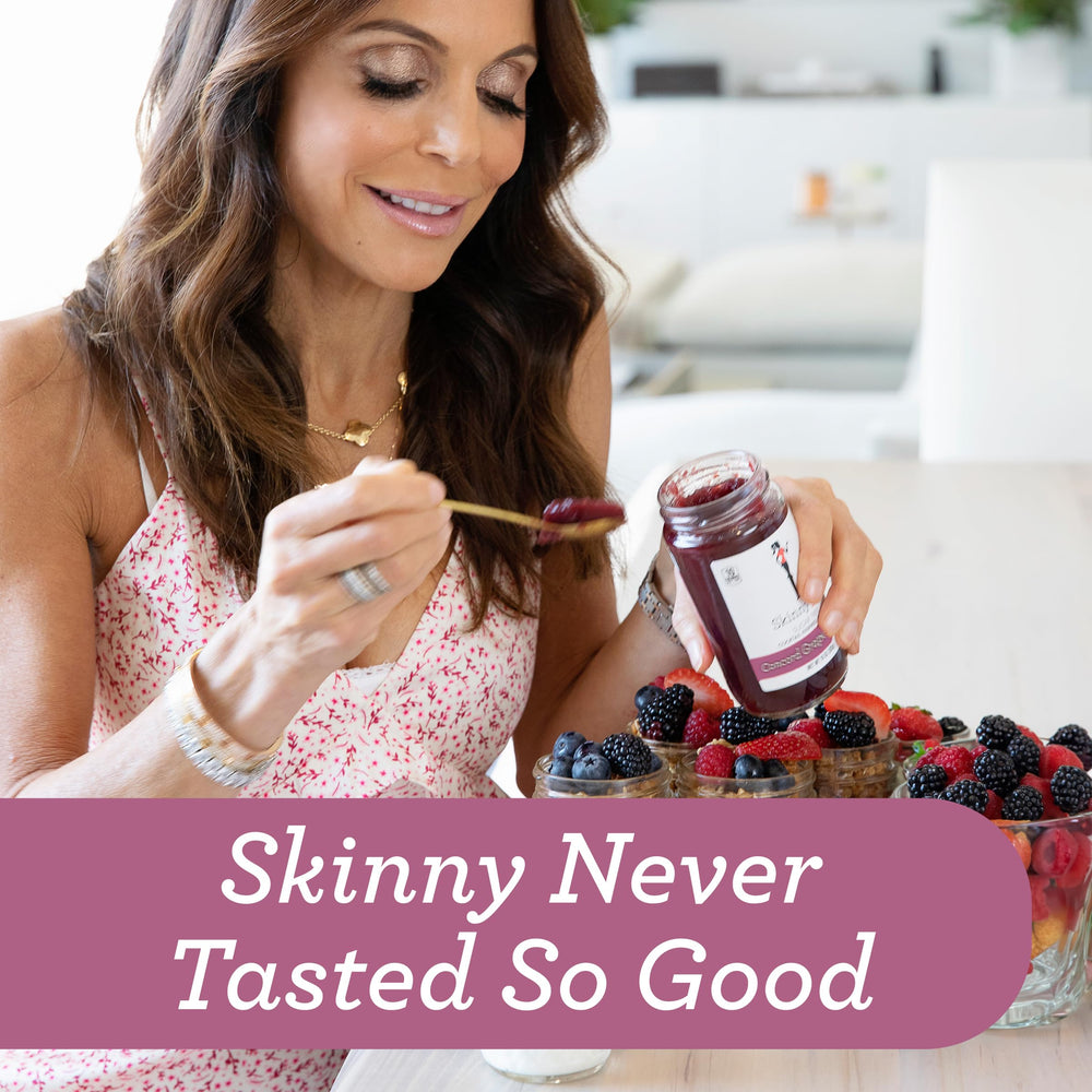 Skinnygirl comparativa de tamaño 10 oz junto a utensilios, referencia de porción real