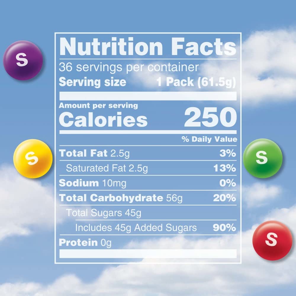Skittles etiqueta y embalaje mostrando información nutricional clara