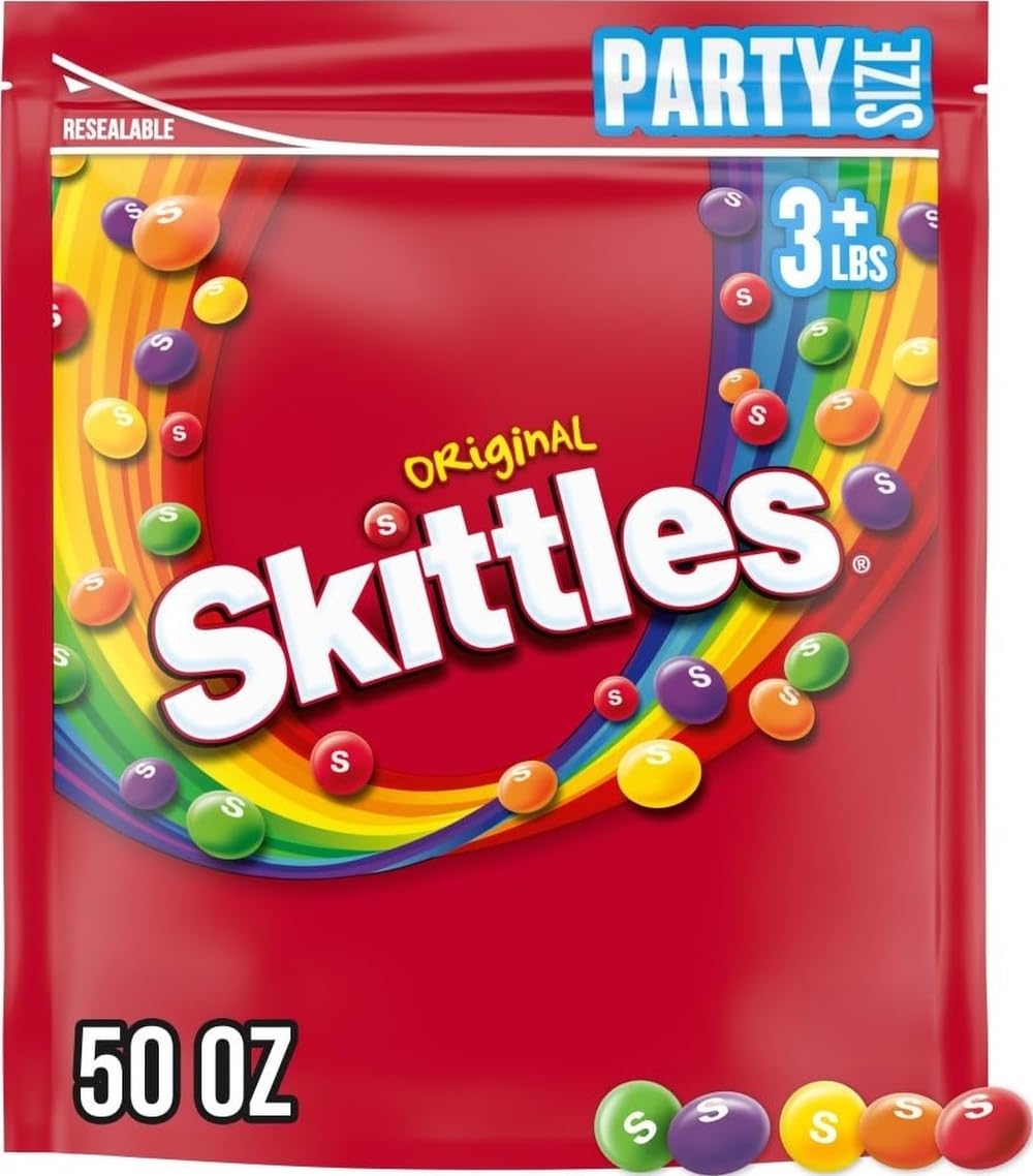 Skittles bolsa frontal grande muestra colores y variedad, ideal para fiestas