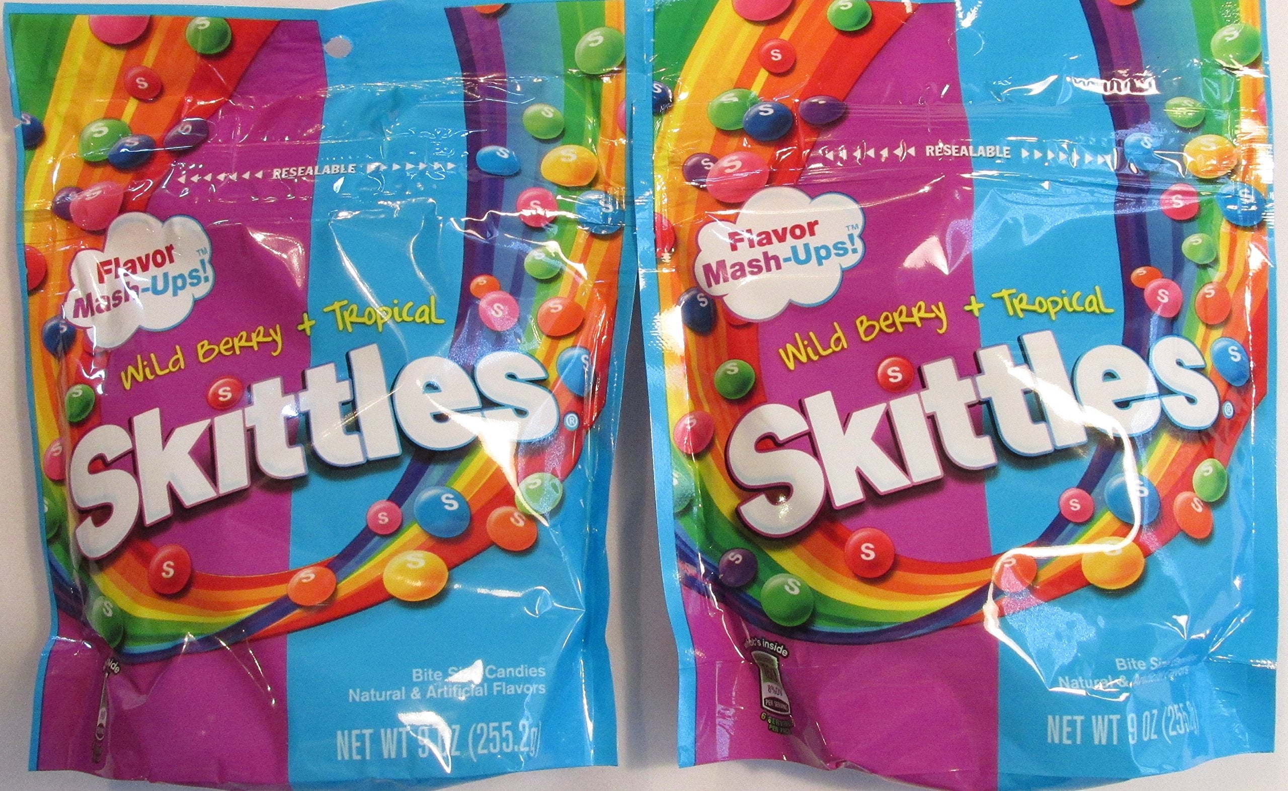 Skittles frontal pack Wild Berry y Tropical mostrando variedad y conveniencia