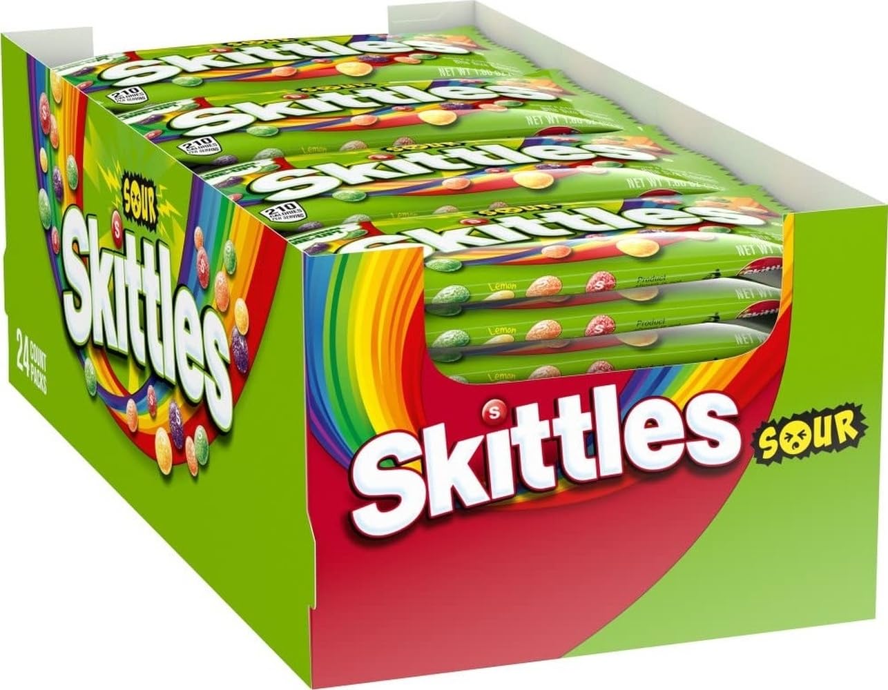 Skittles empaque frontal mostrando 24 paquetes para compartir