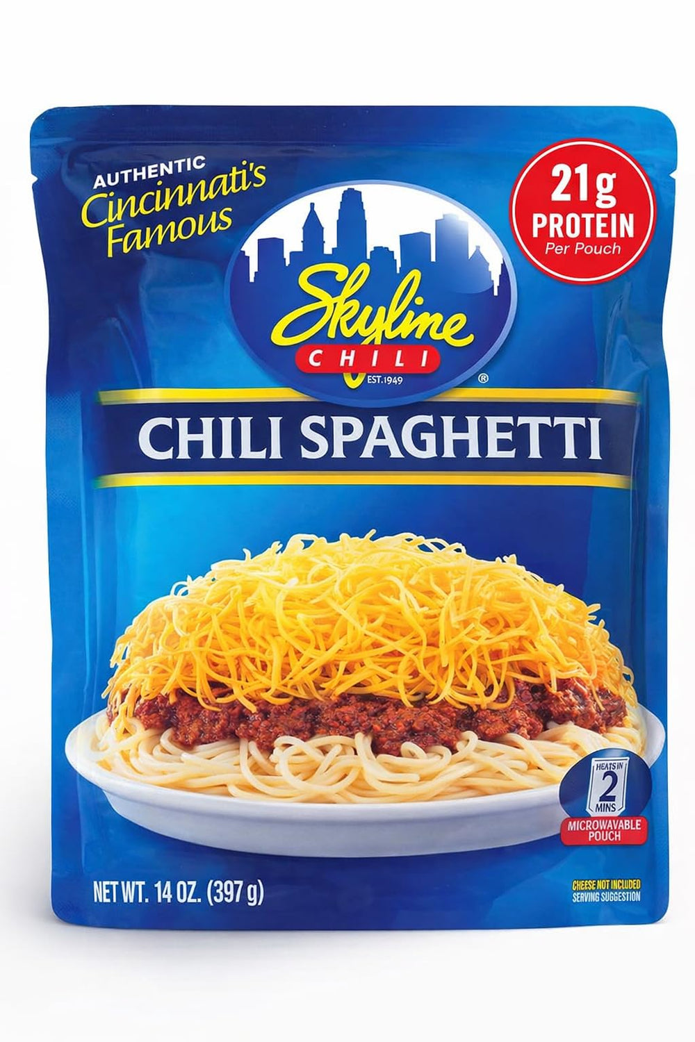 Skyline Chili pouch frente mostrando etiqueta y beneficios, conveniencia instantánea