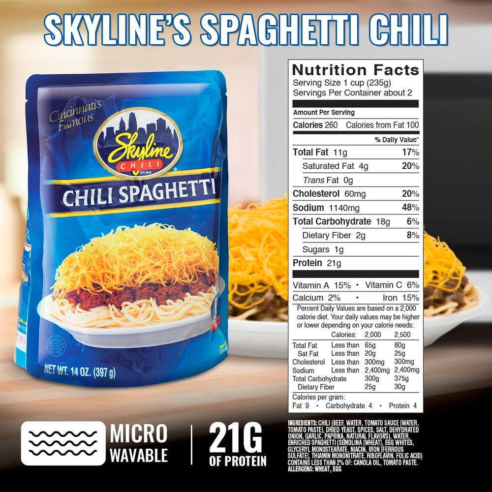 Skyline Chili servido sobre espagueti, sabor auténtico estilo Cincinnati listo para comer