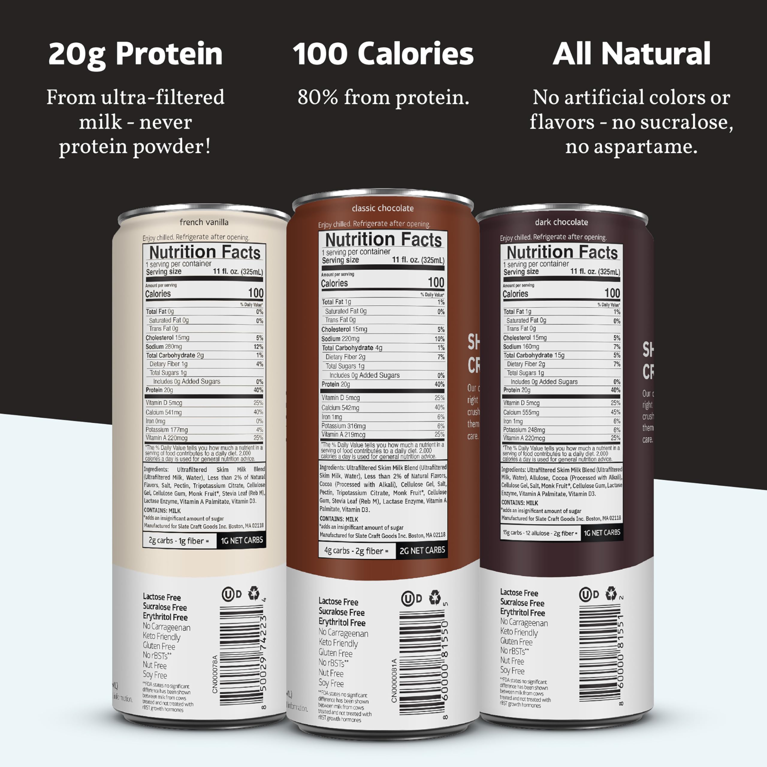 Lata Slate detalle de etiqueta que comunica 20g proteína y sin lactosa