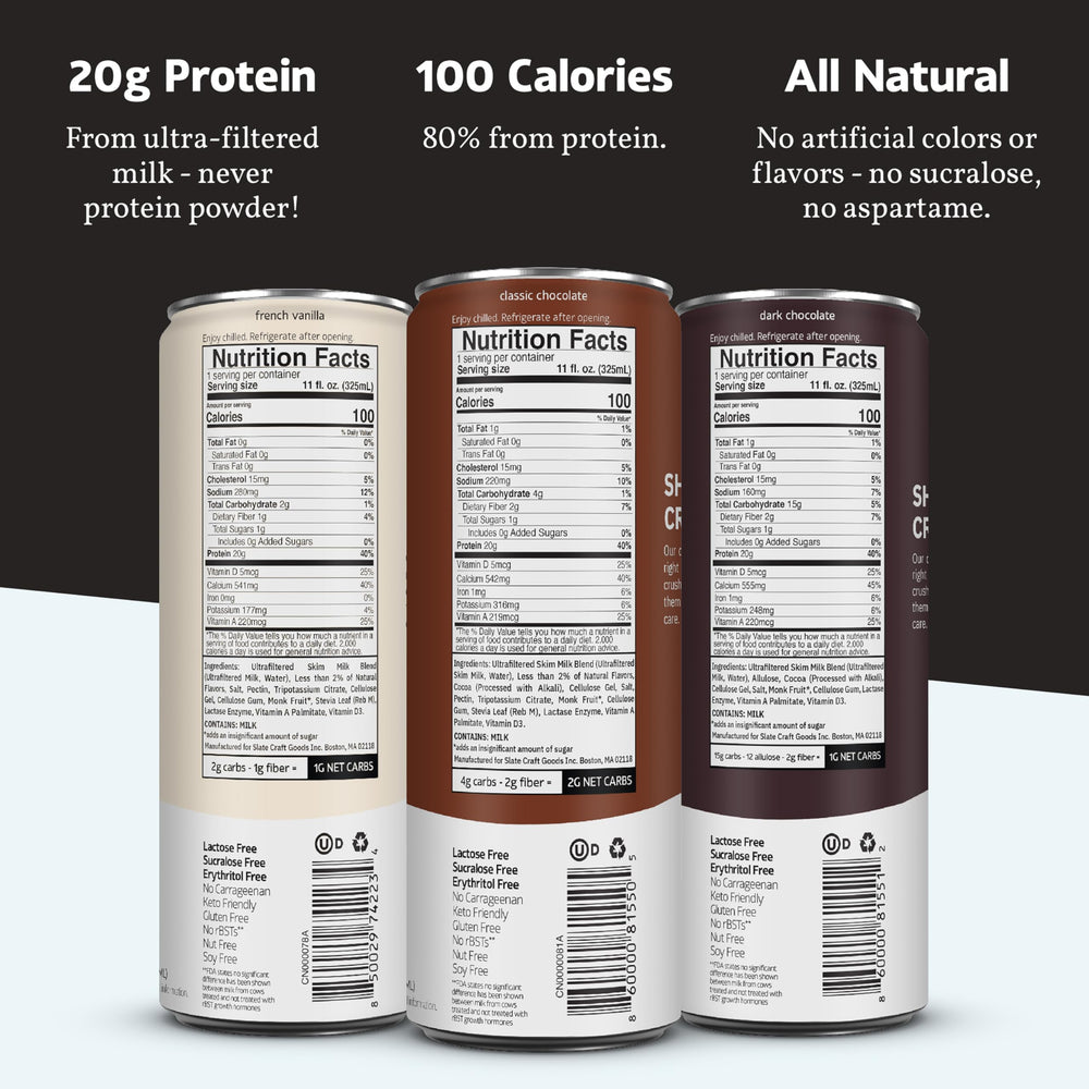 Lata Slate detalle de etiqueta que comunica 20g proteína y sin lactosa