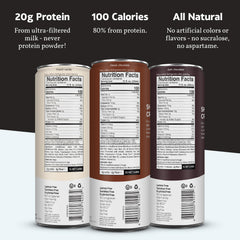 Lata Slate detalle de etiqueta que comunica 20g proteína y sin lactosa