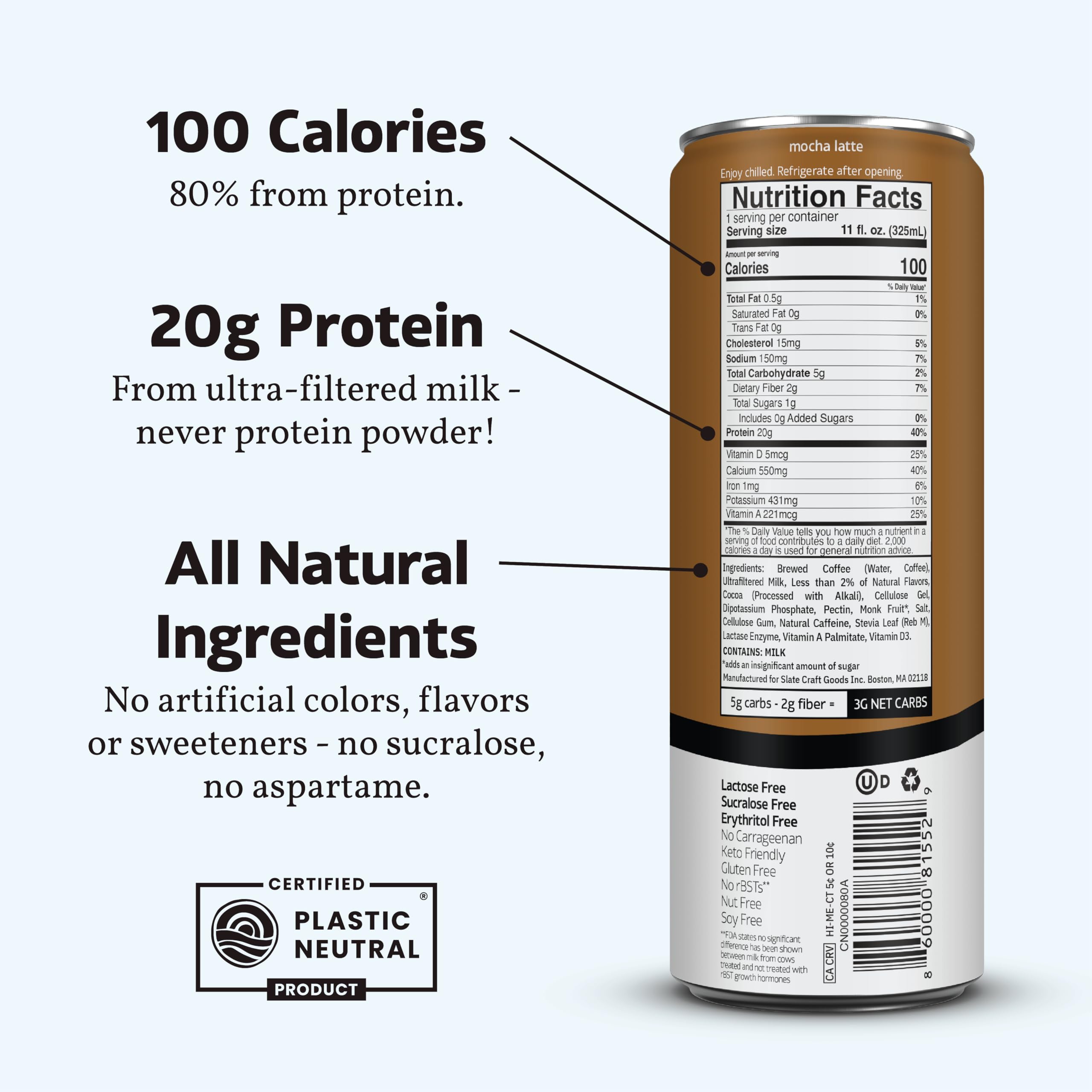 Slate etiqueta nutricional visible con 20 g proteína y 175 mg cafeína