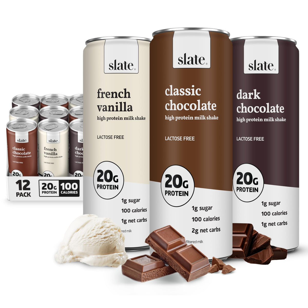 Slate pack frontal de 12 latas mostrando variedad y conveniencia