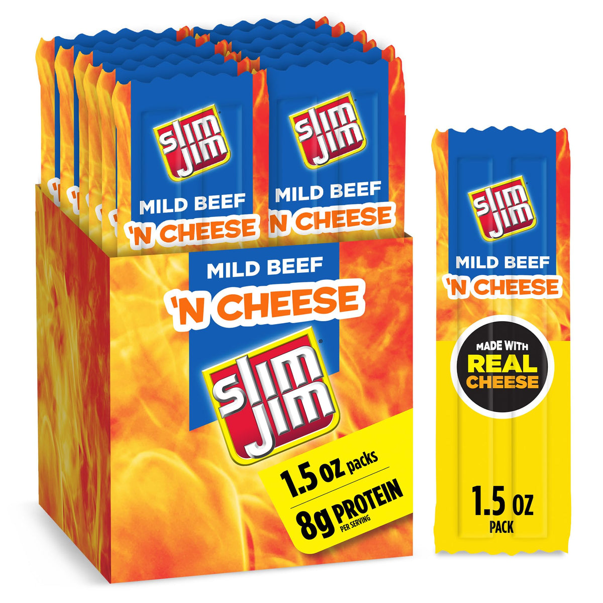 Slim Jim empaque frontal mostrando el paquete y conveniencia