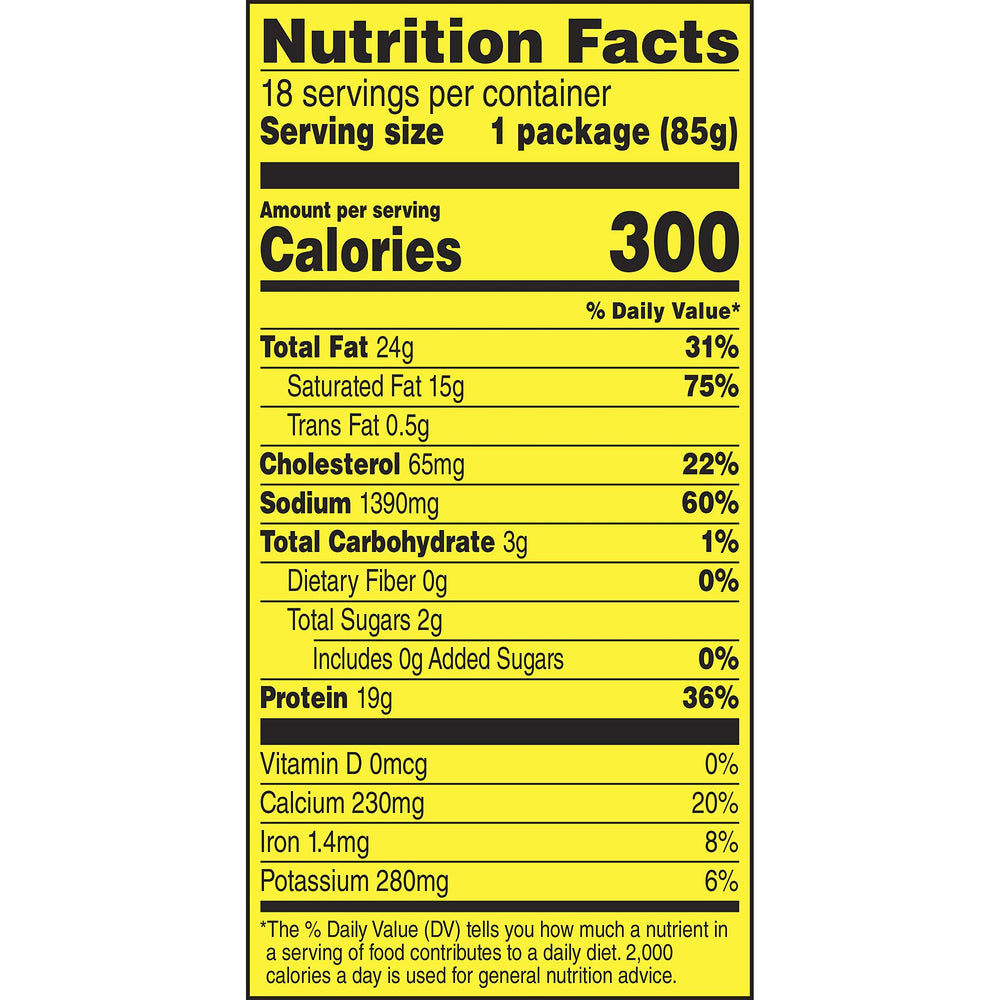 Slim Jim etiqueta con información nutricional y alérgenos visible