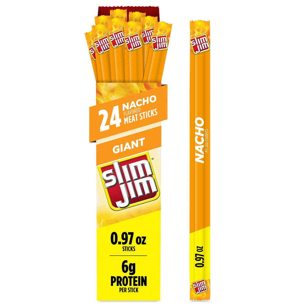 Slim Jim caja frontal mostrando 24 unidades y conveniencia para despensa