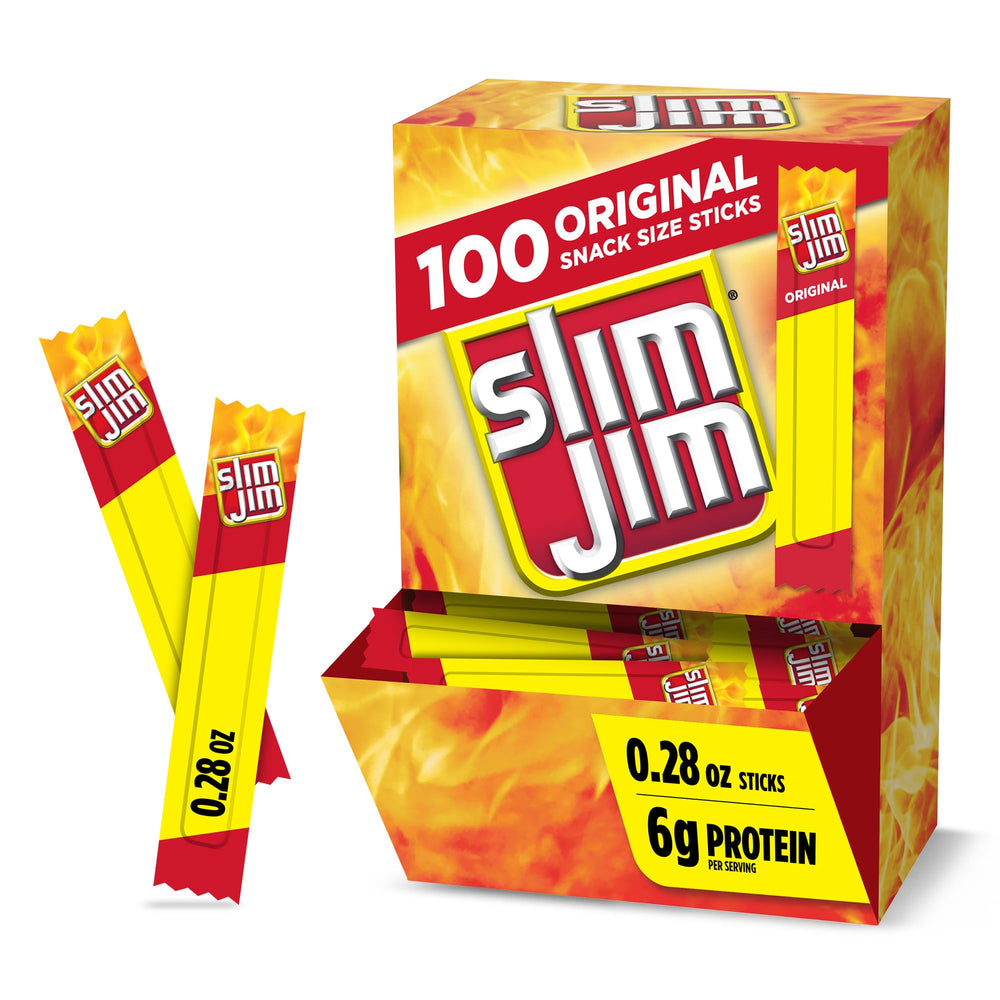 Slim Jim frente del empaque mostrando caja de 100 unidades y conveniencia