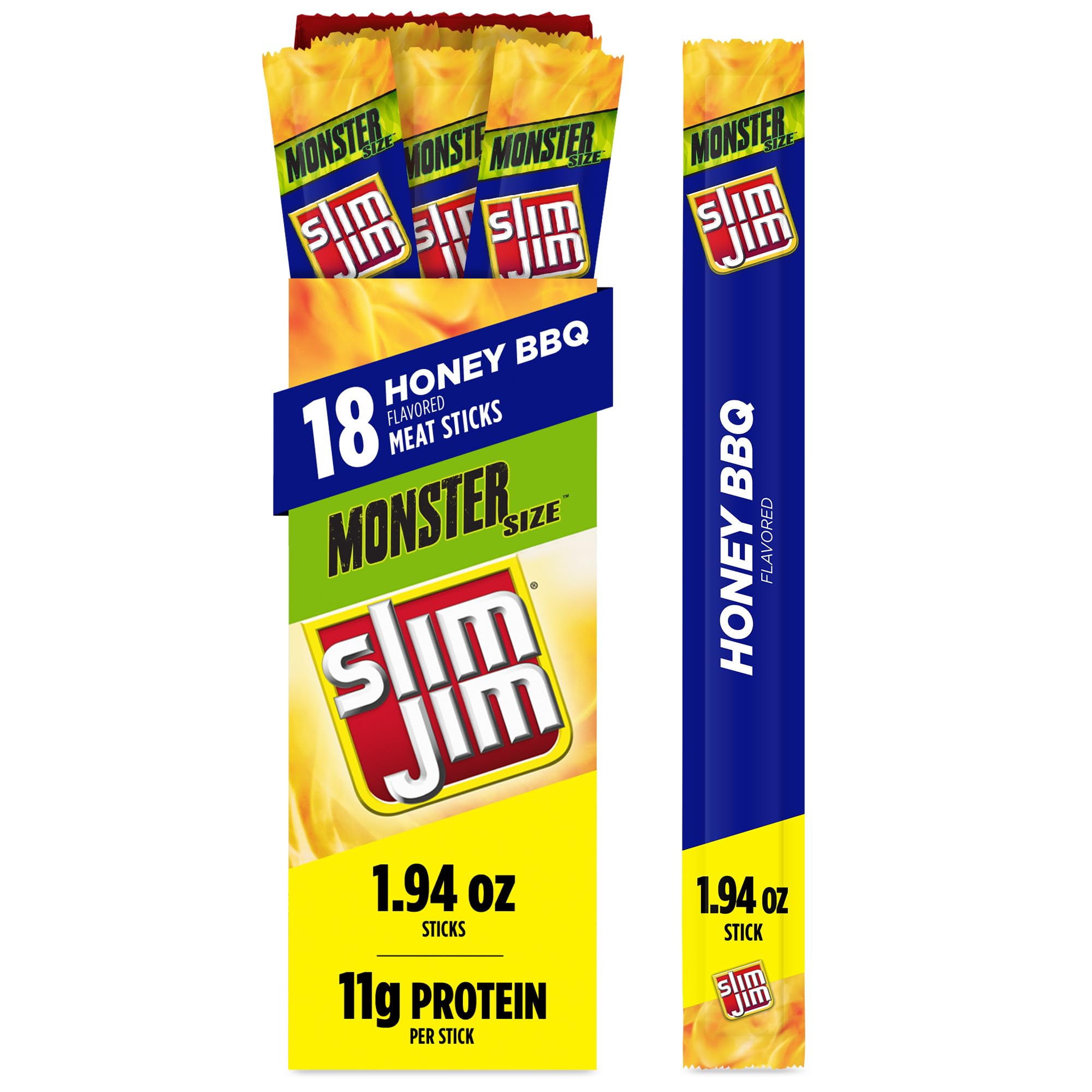 Slim Jim paquete frontal 18 unidades mostrando conveniencia y sabor