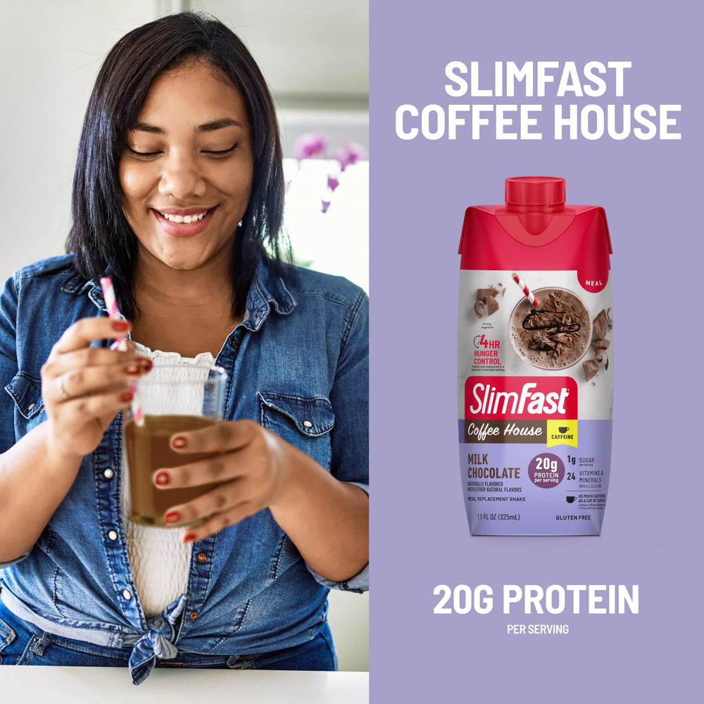 SlimFast dos botellas en mano para comparar tamaño y porción portable