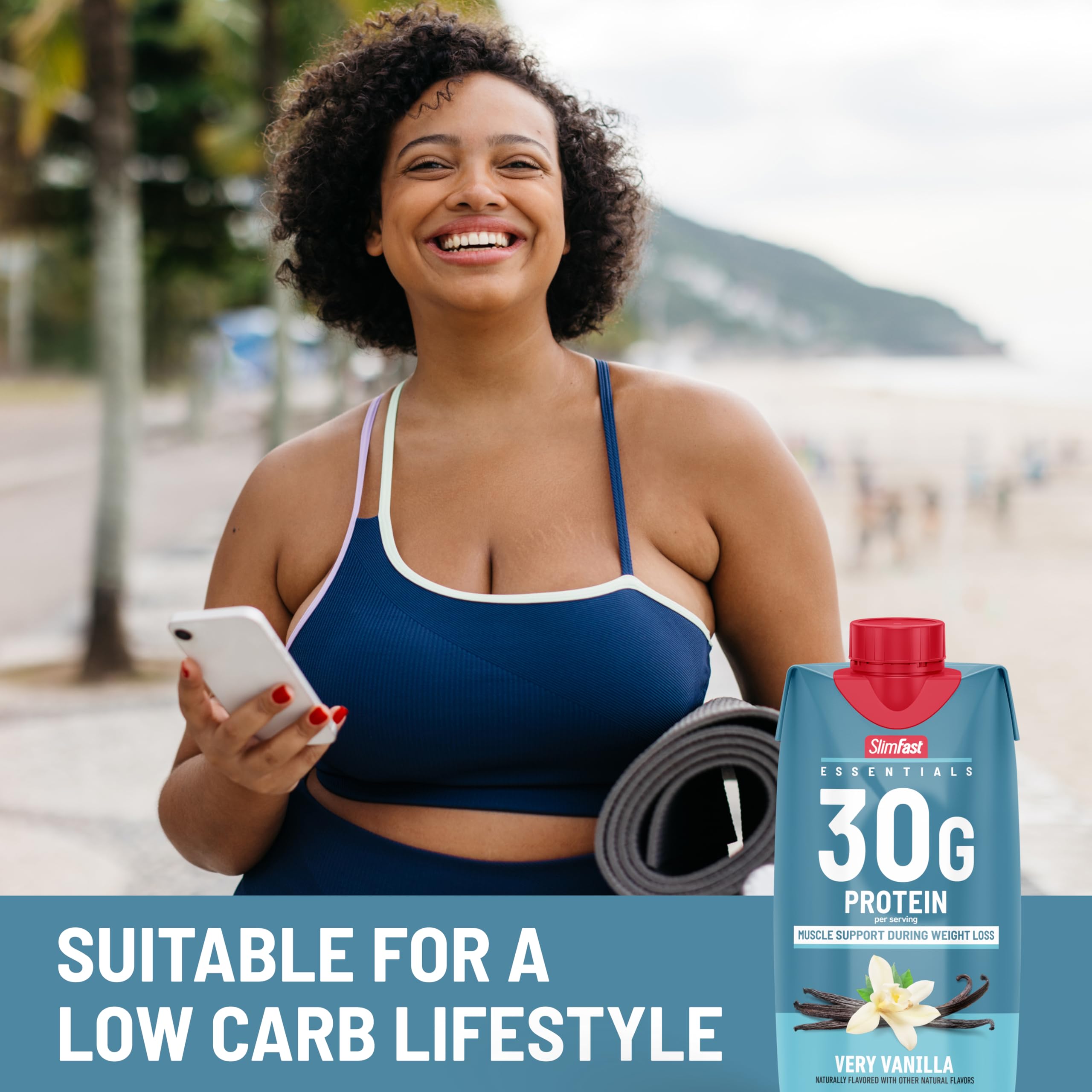 SlimFast etiqueta nutricional en detalle indicando 30 g proteína y 1 g azúcar