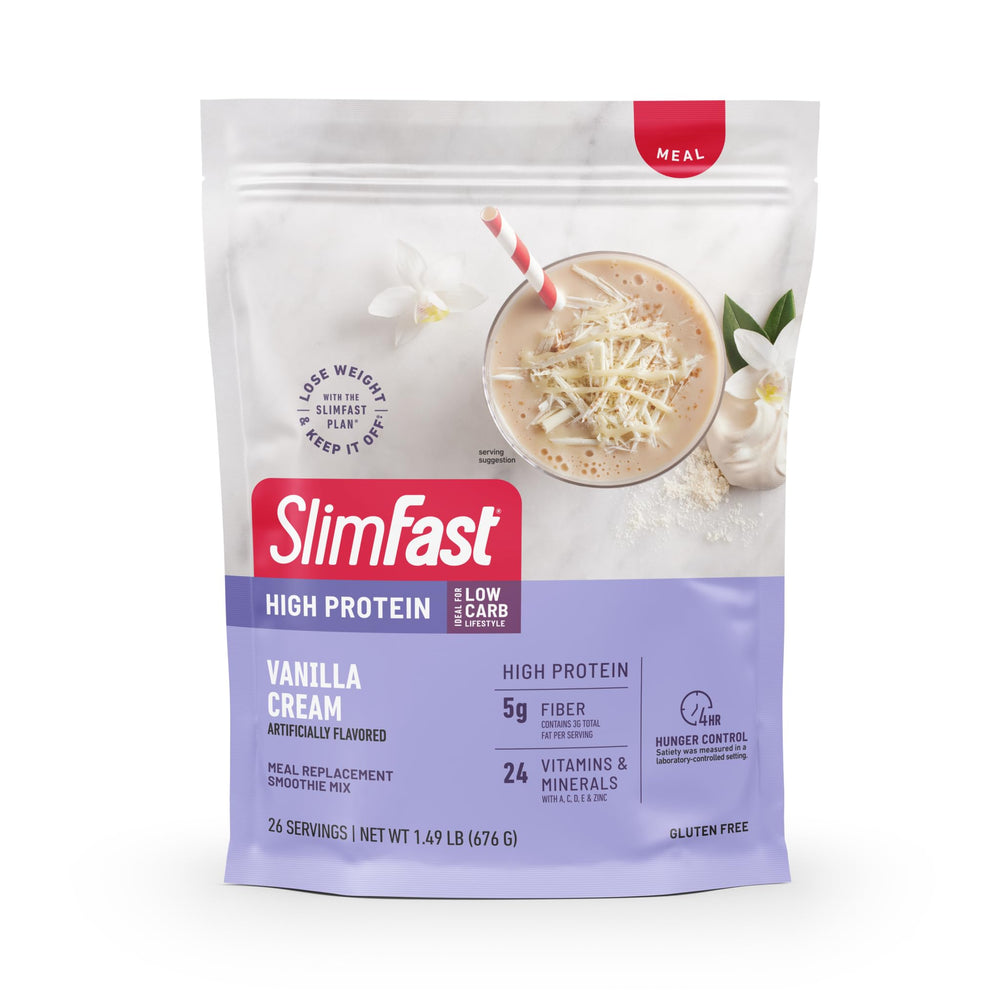 SlimFast frente del envase mostrando sabor Vainilla Cream y facilidad de uso