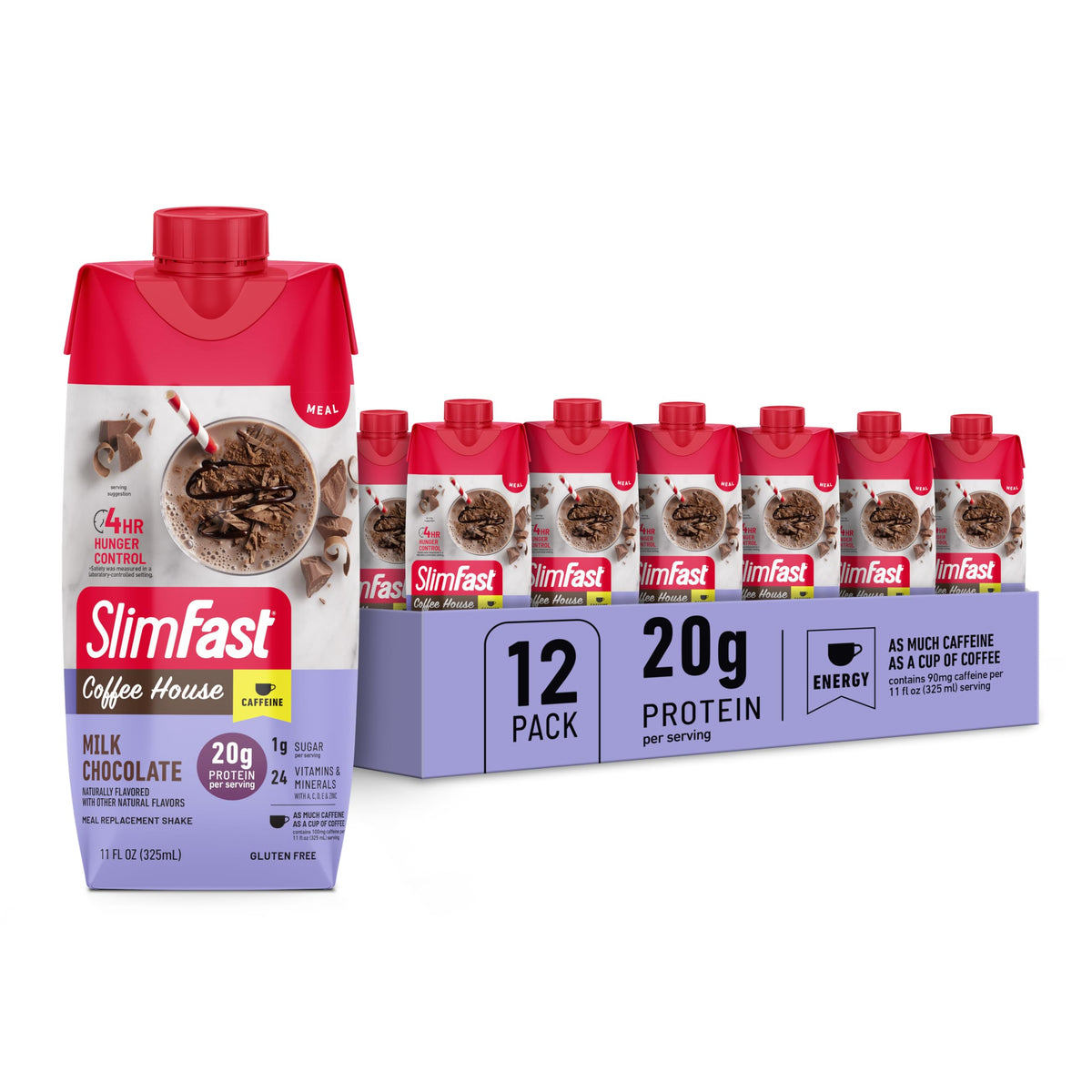 SlimFast frente del envase Milk Chocolate mostrando diseño y beneficio práctico