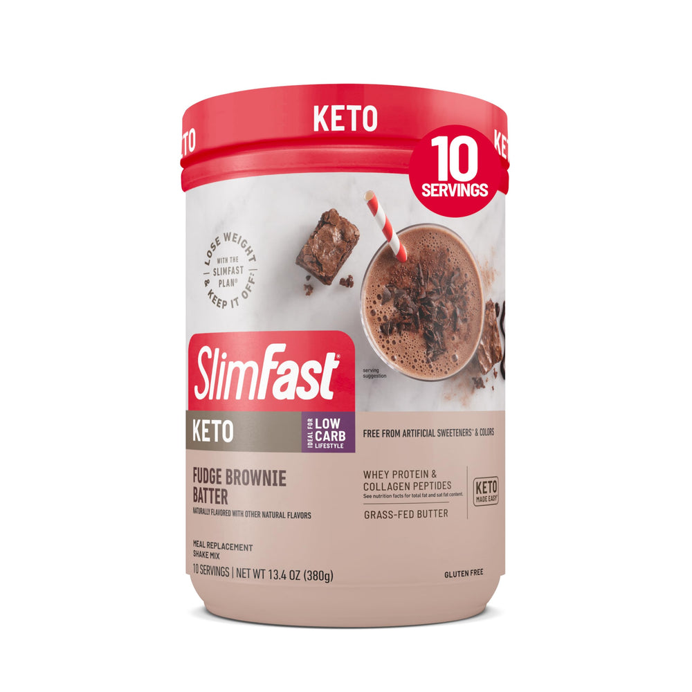 SlimFast lata frontal mostrando el diseño y sabor Fudge Brownie Batter para identificar el producto