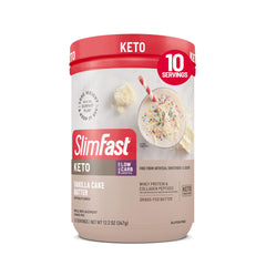SlimFast envase frontal del polvo mostrando sabor vainilla cake batter y conveniencia
