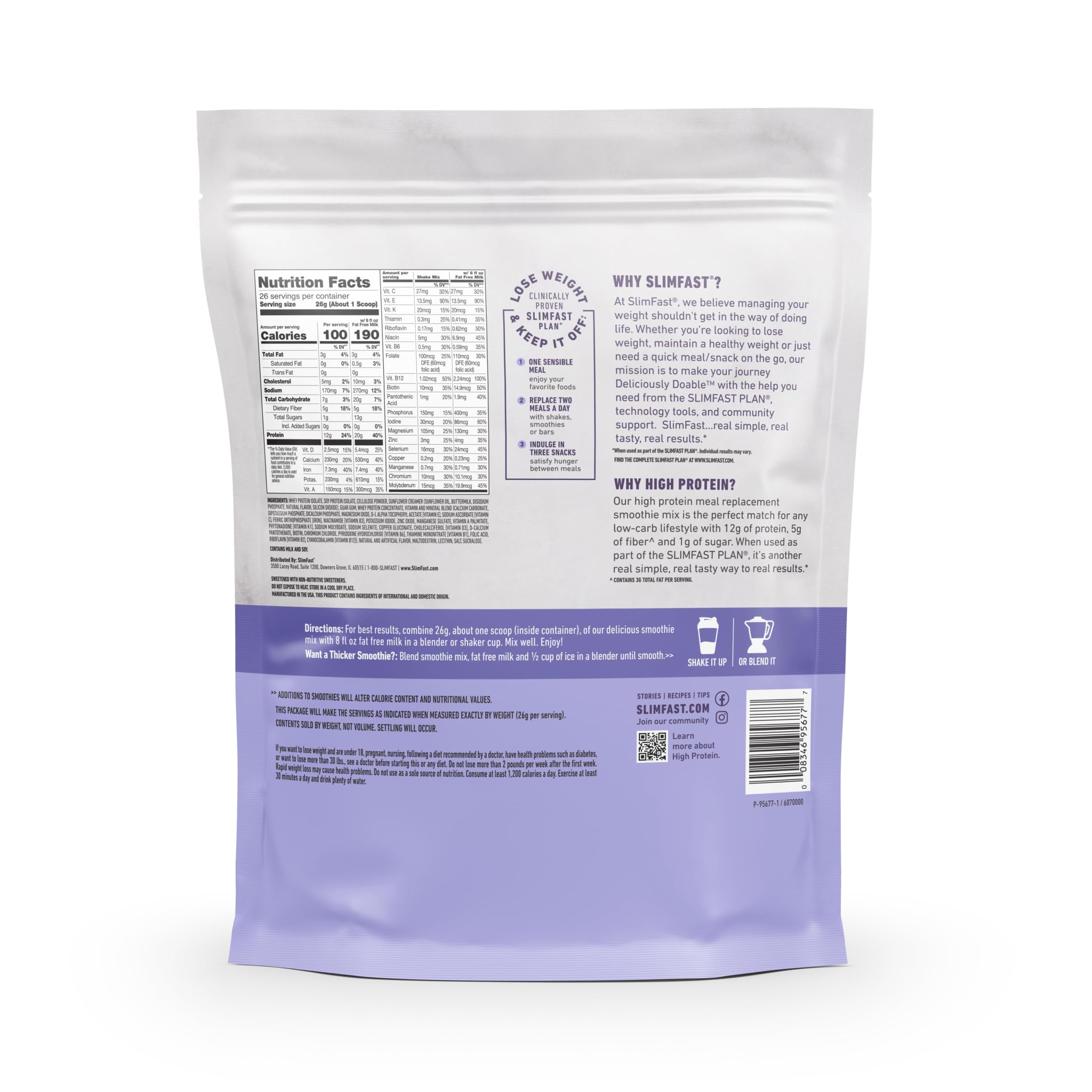 SlimFast envase junto a frutas y medida para comparar tamaño y uso