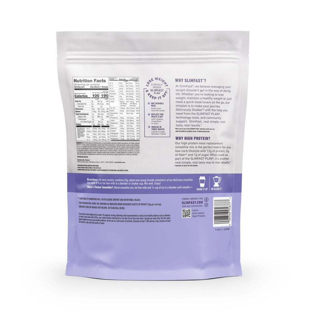 SlimFast envase junto a frutas y medida para comparar tamaño y uso