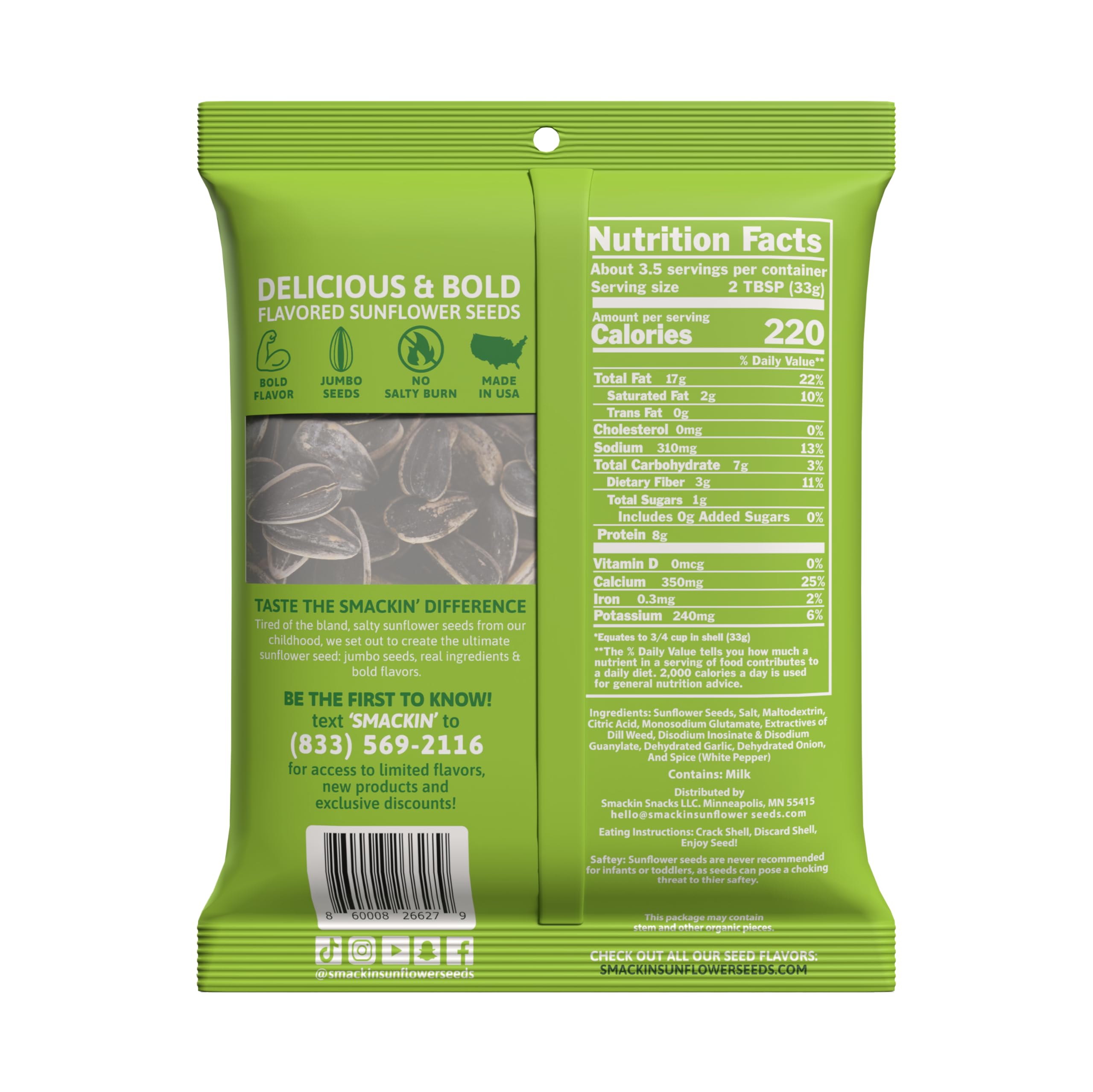 SMACKIN' etiqueta de ingredientes y origen americano en primer plano