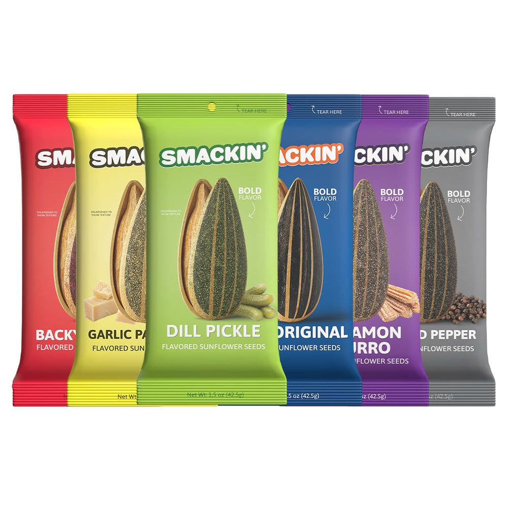 SMACKIN' empaque frontal mostrando seis bolsas y beneficios