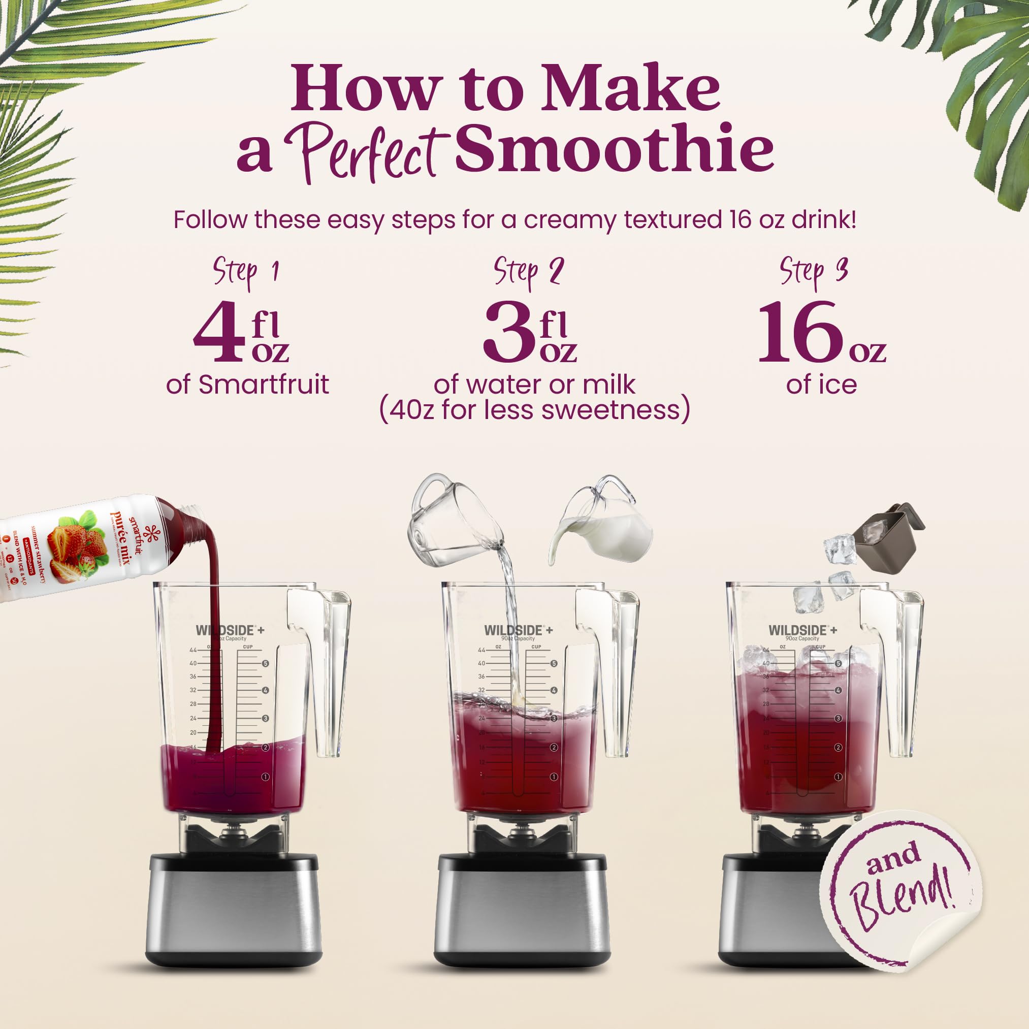 Smartfruit vertiendo puré en vaso para batido, añade fruta real