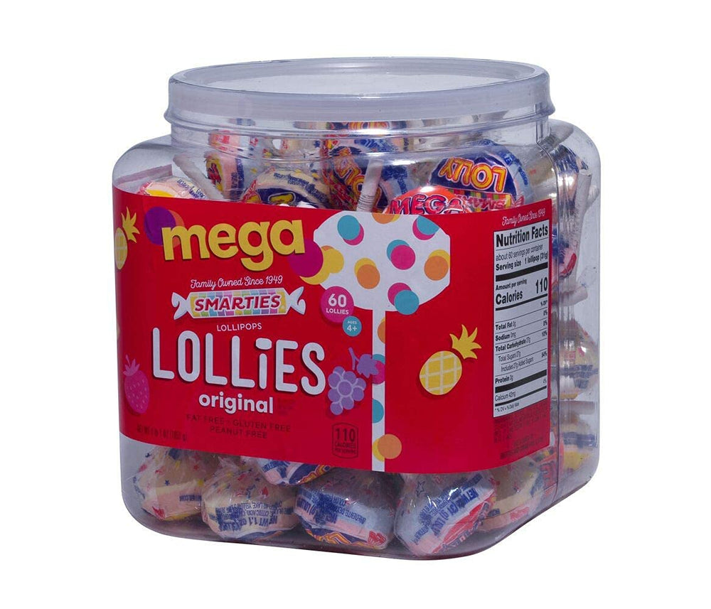 Smarties tarro frontal con 60 paletas, presentación llamativa