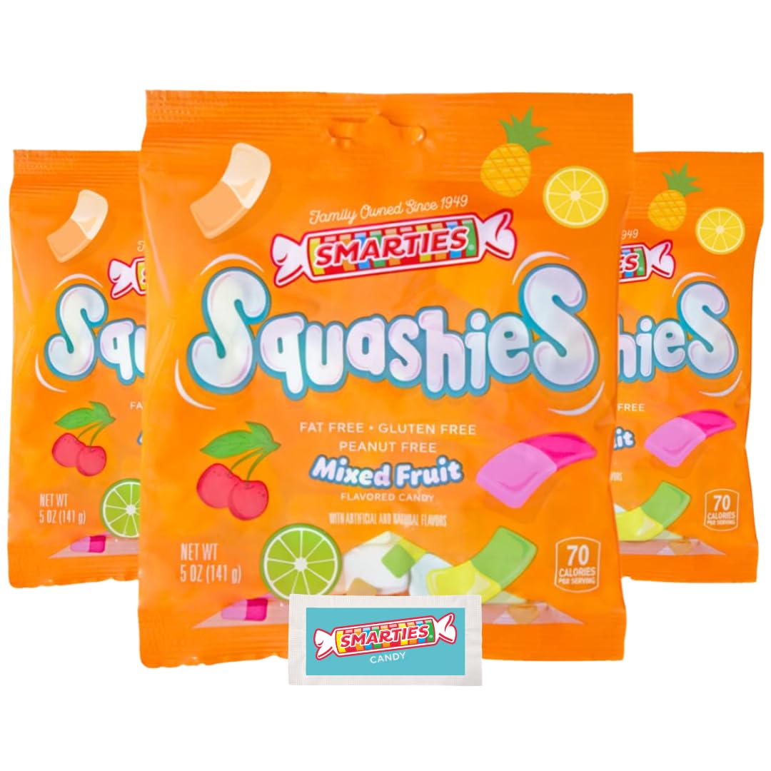 Smarties Squashies vista frontal del paquete mostrando diseño y tamaño