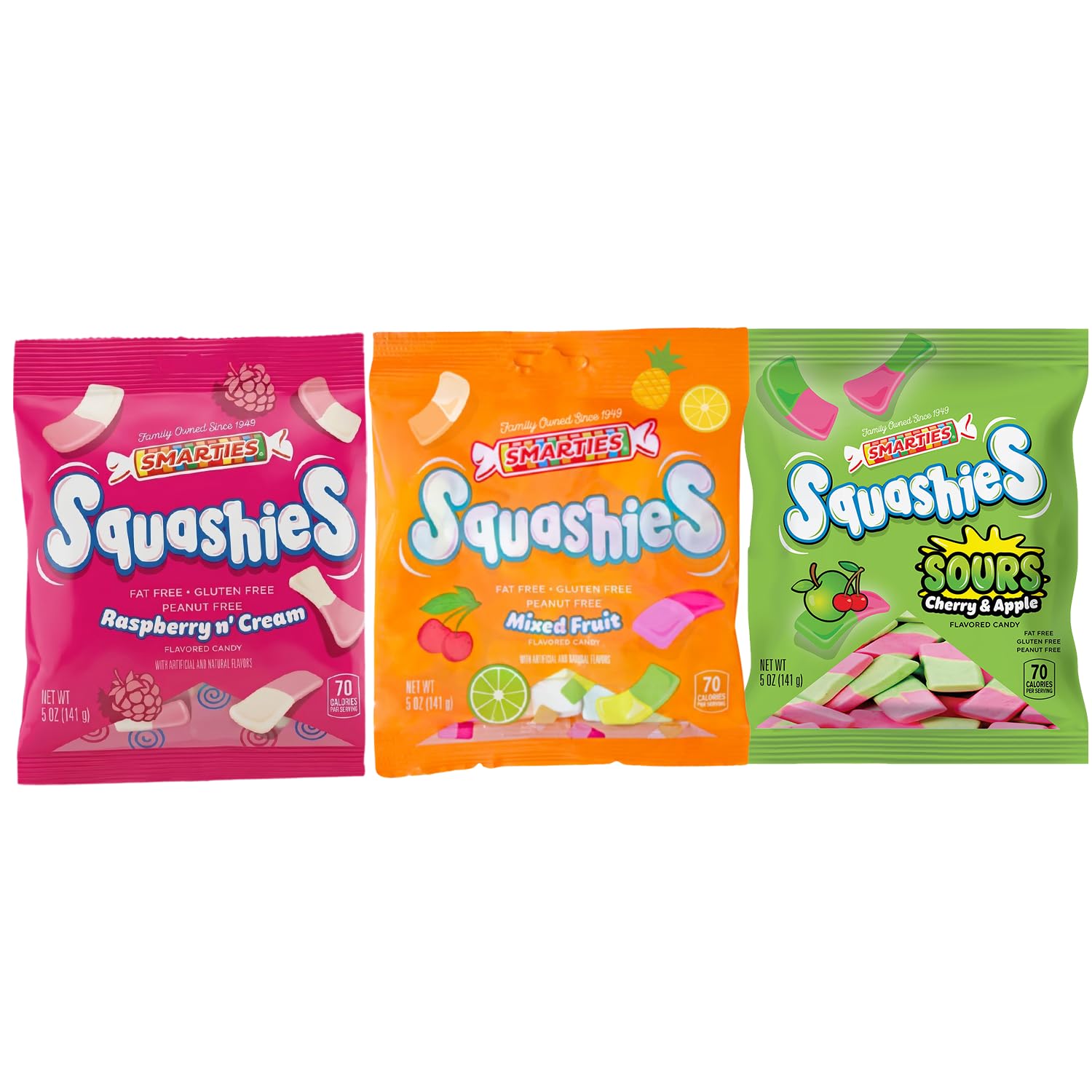 Smarties Squashies frontal mostrando tres bolsas y colores vibrantes, facilita elección