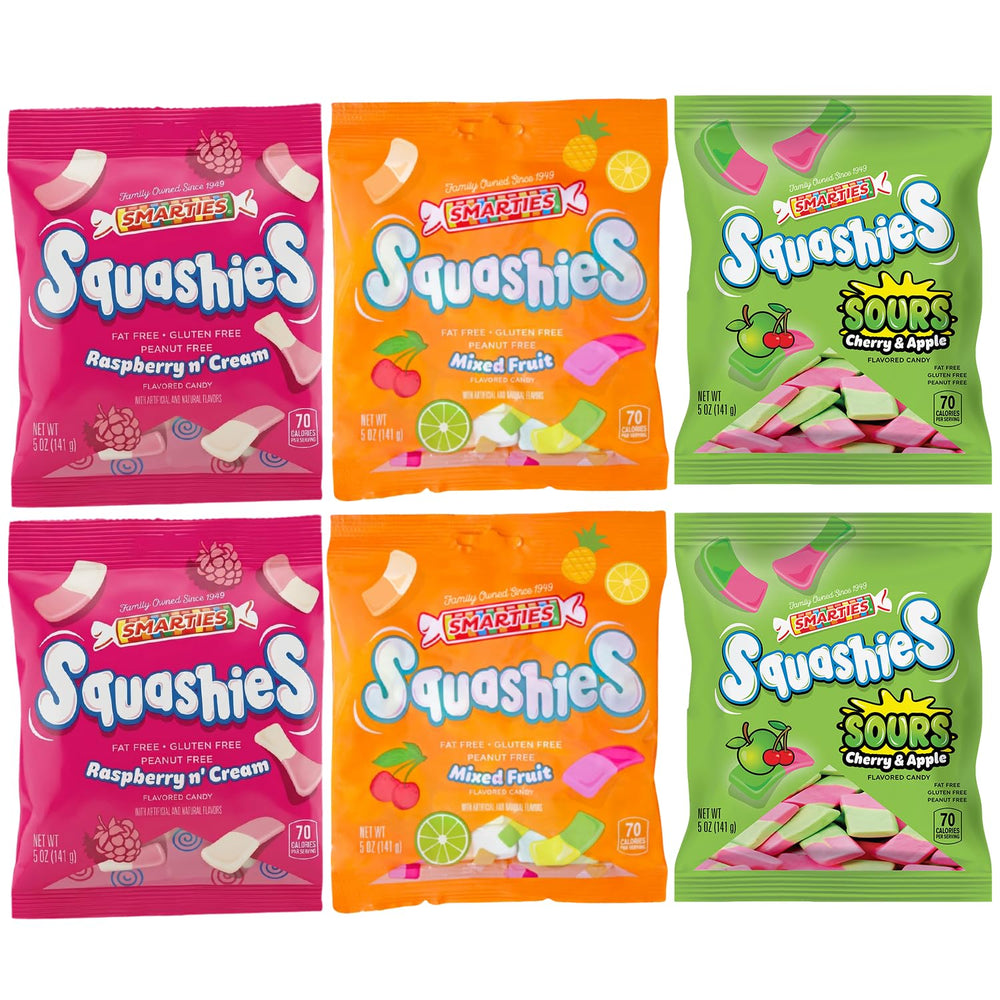 Smarties Squashies vista frontal del paquete mostrando variedad de sabores y tamaño