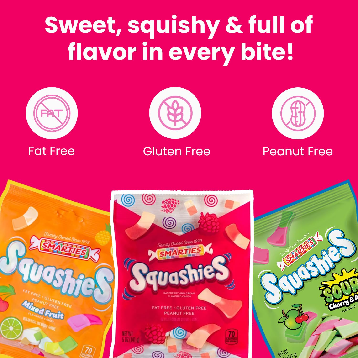 Smarties Squashies primer plano de textura esponjosa, muestra suavidad al morder