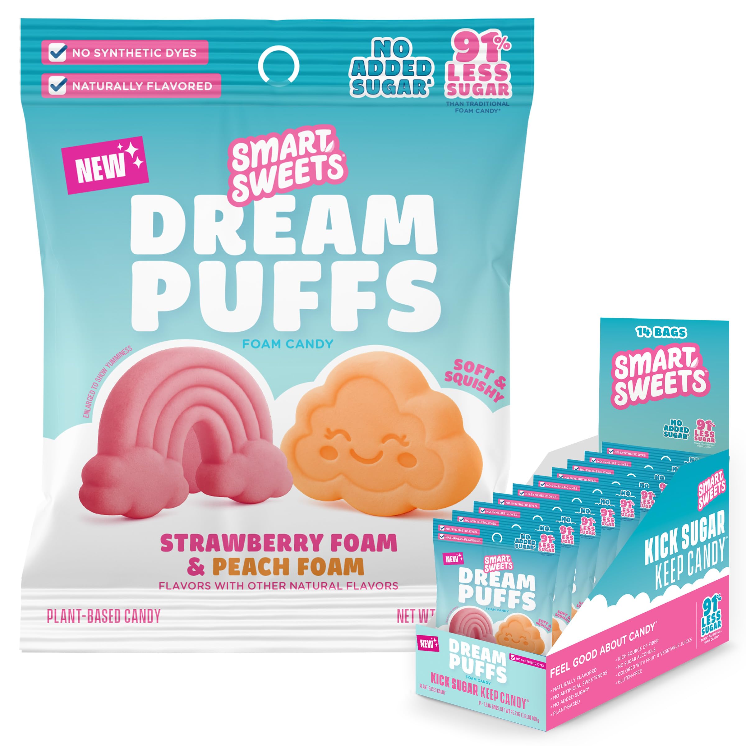 SmartSweets empaque frontal mostrando bolsa de Dream Puffs y beneficio porciones controladas