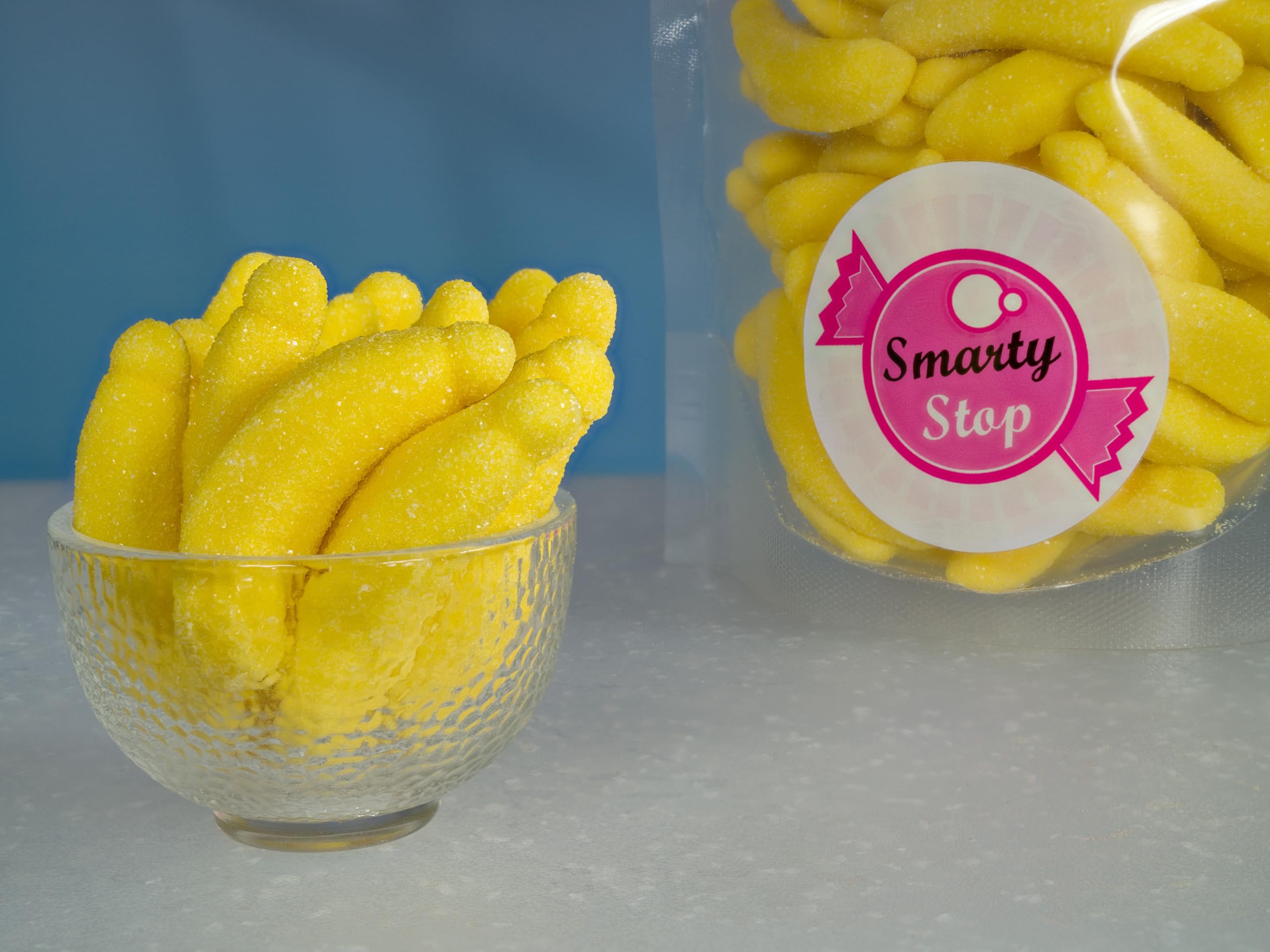 Smarty Stop detalle del recubrimiento azucarado, aspecto brillante y crujiente