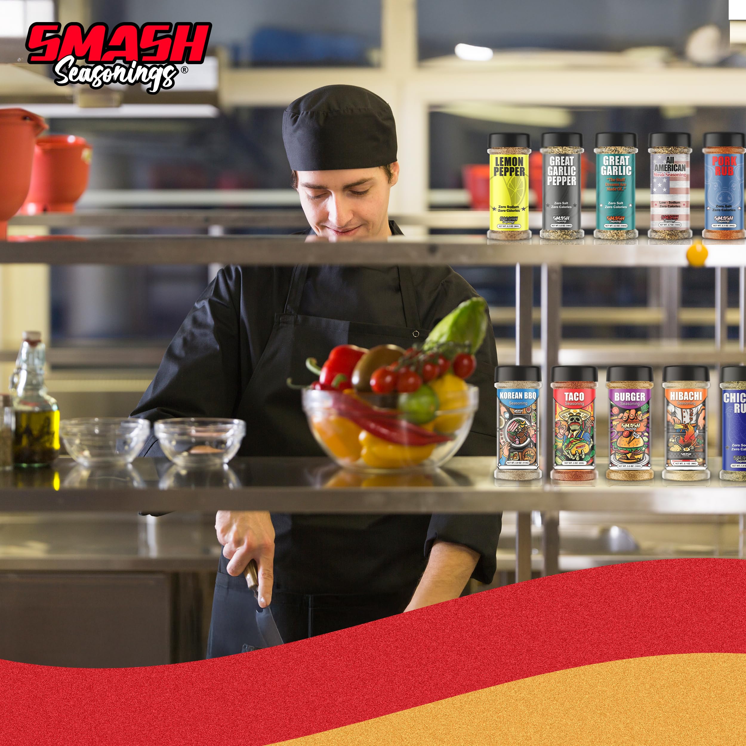 Smash Seasonings en sartén con verduras, realza sabor umami al instante