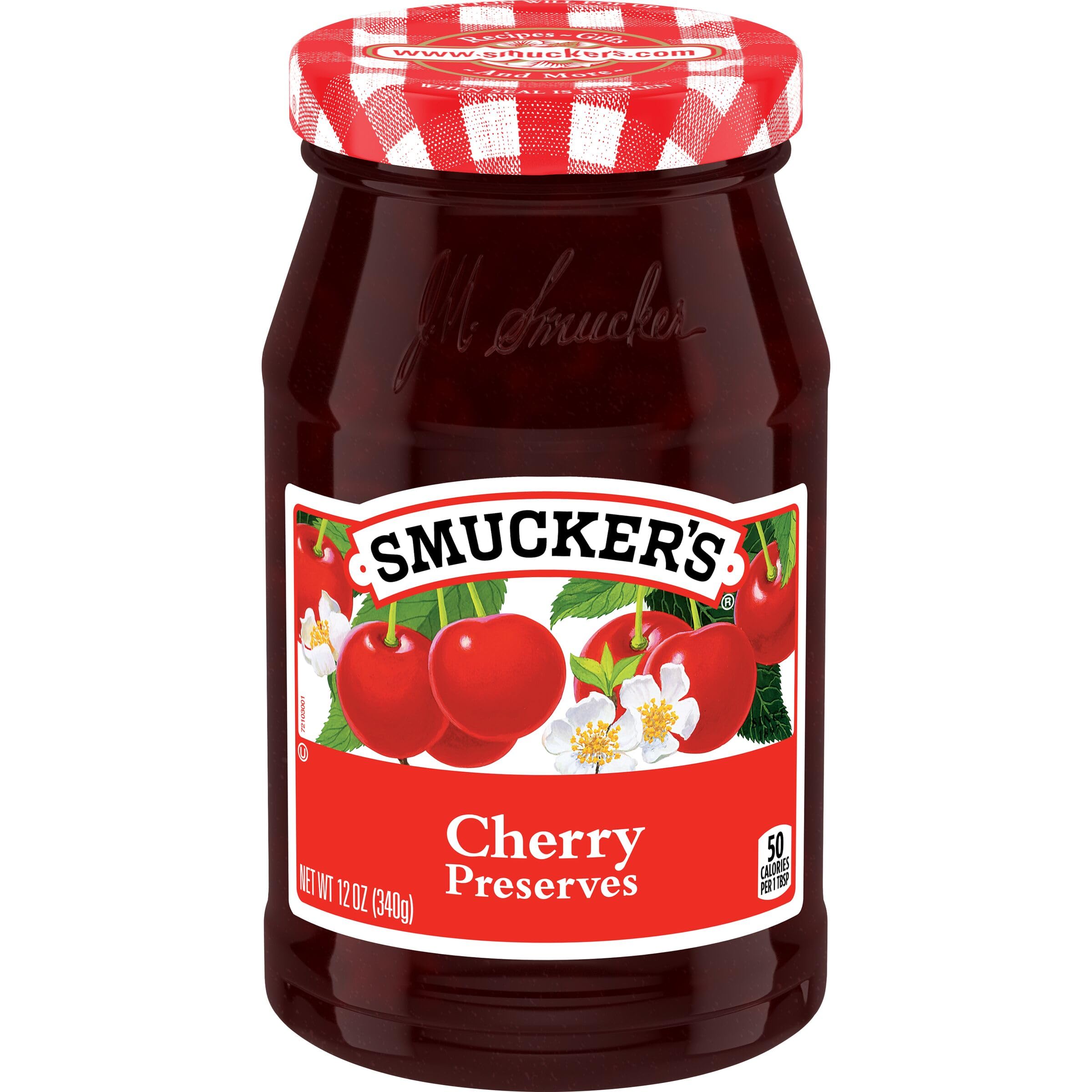 Smucker's frasco frontal mostrando cerezas y atractivo en la cocina