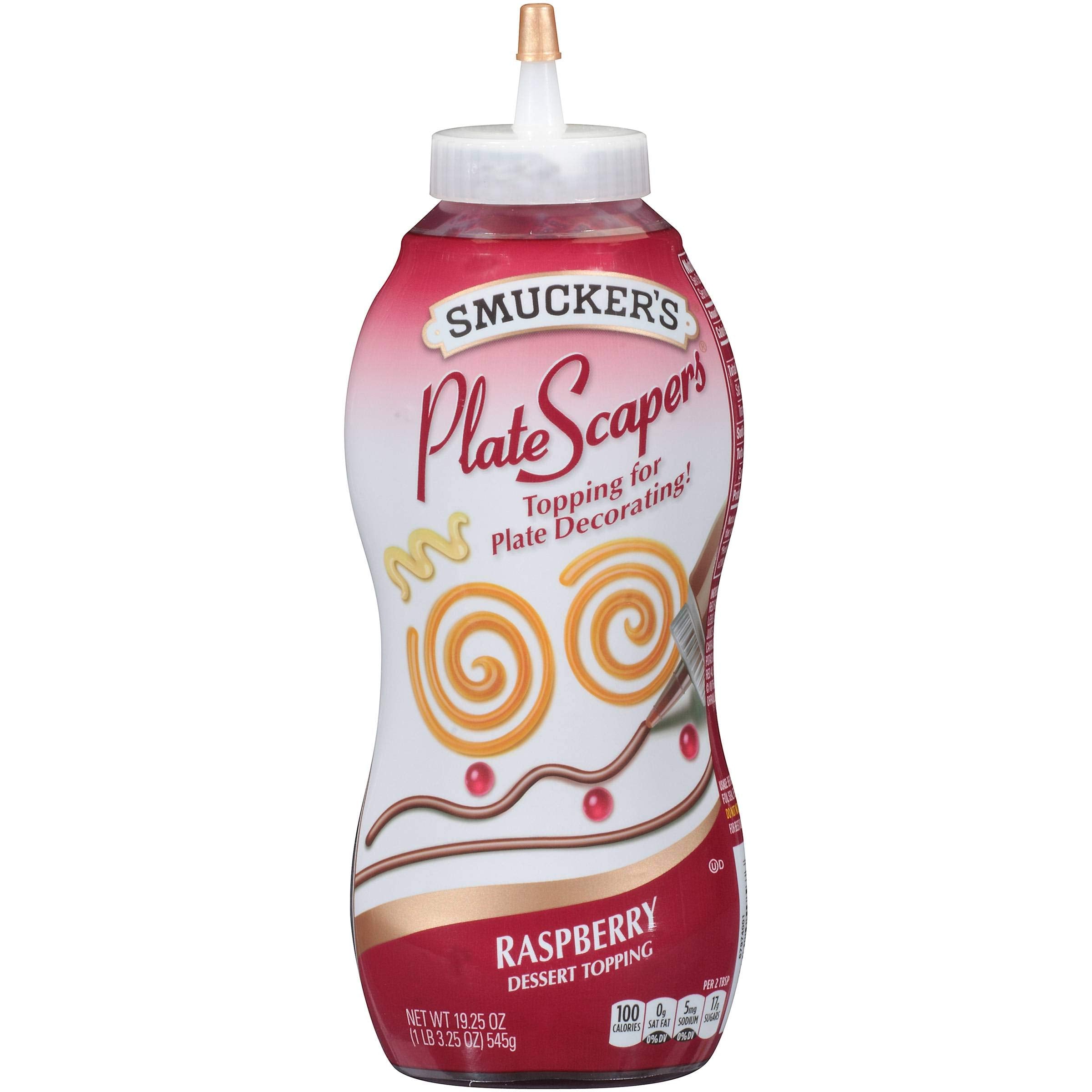 Smucker's Plate Scapers frambuesa frente del envase, color vibrante para presentar postres