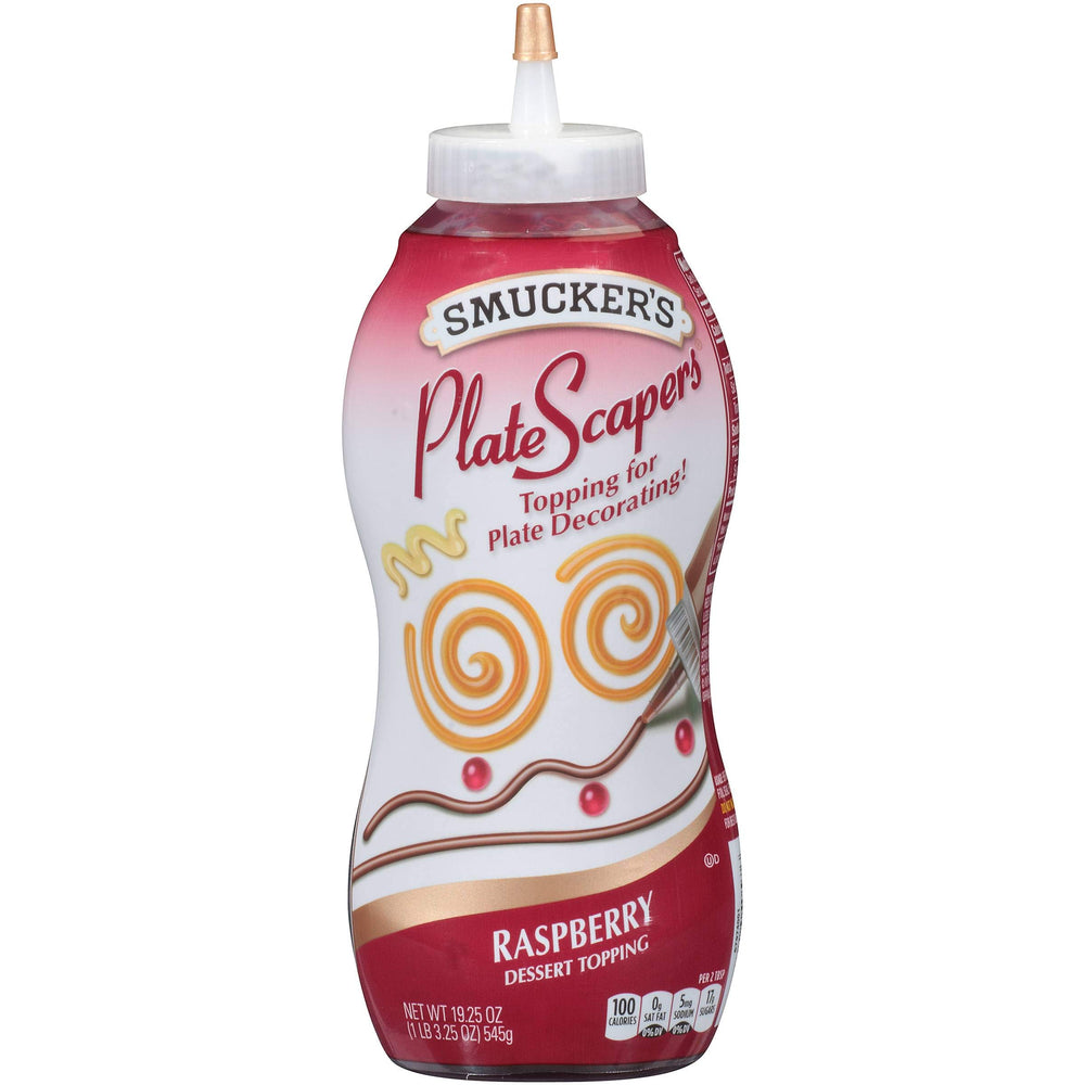 Smucker's Plate Scapers frambuesa frente del envase, color vibrante para presentar postres