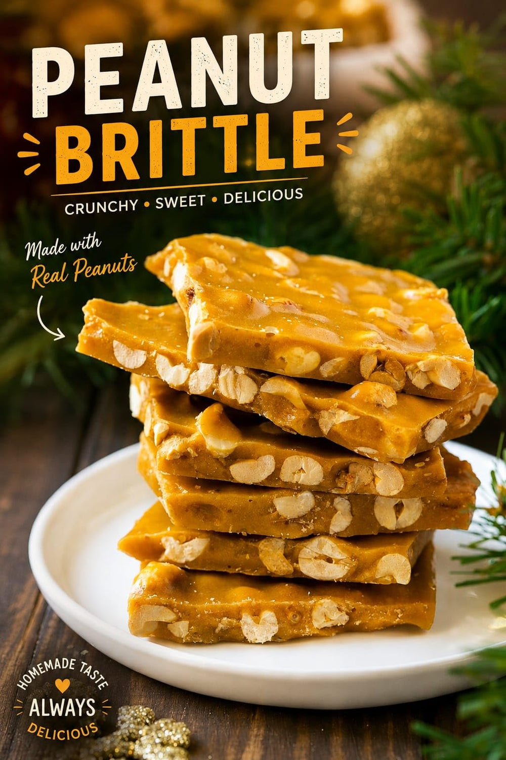 Snack Delight piezas de peanut brittle en plato listas para compartir