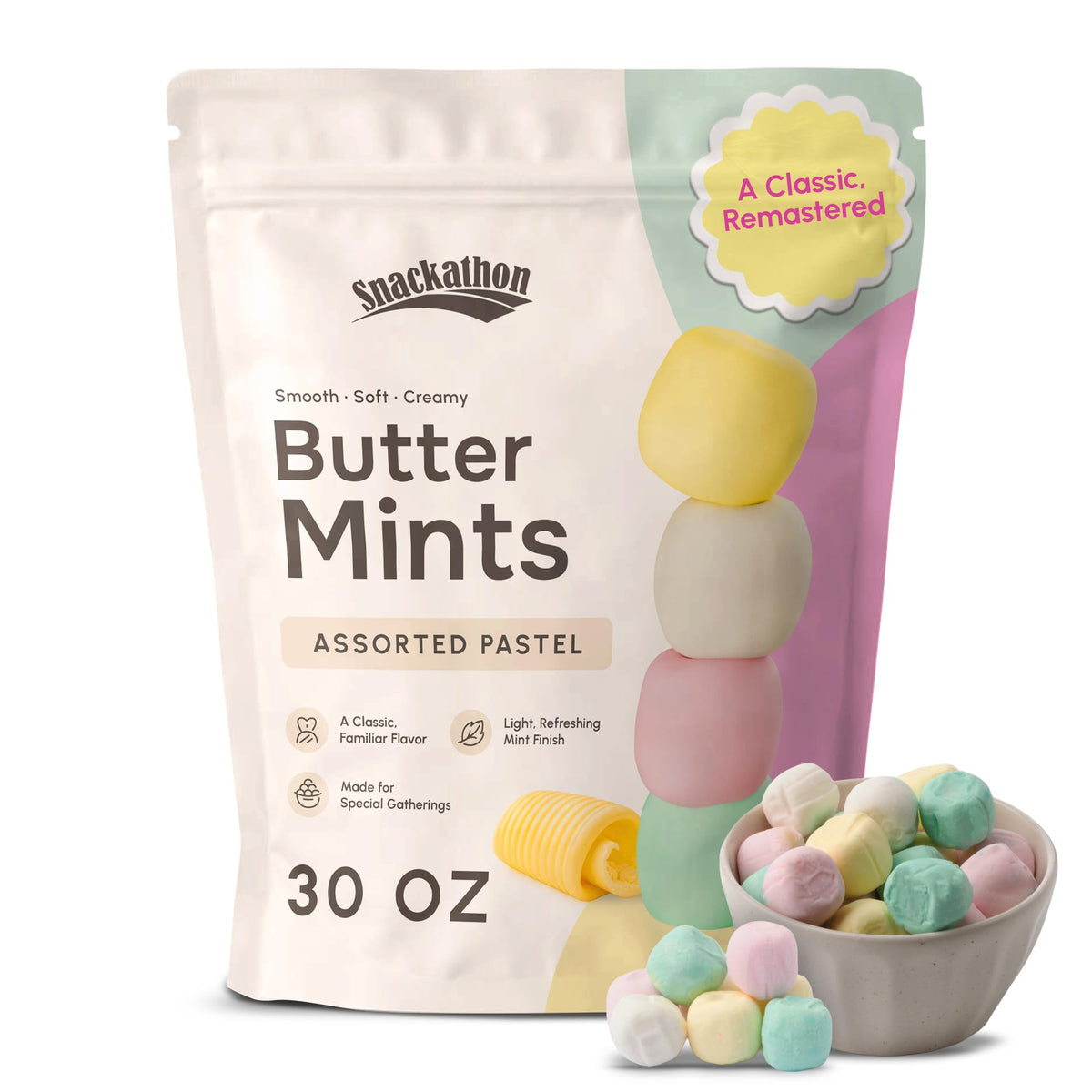 Snackathon bolsa frontal mostrando mints pastel y beneficio de gran cantidad