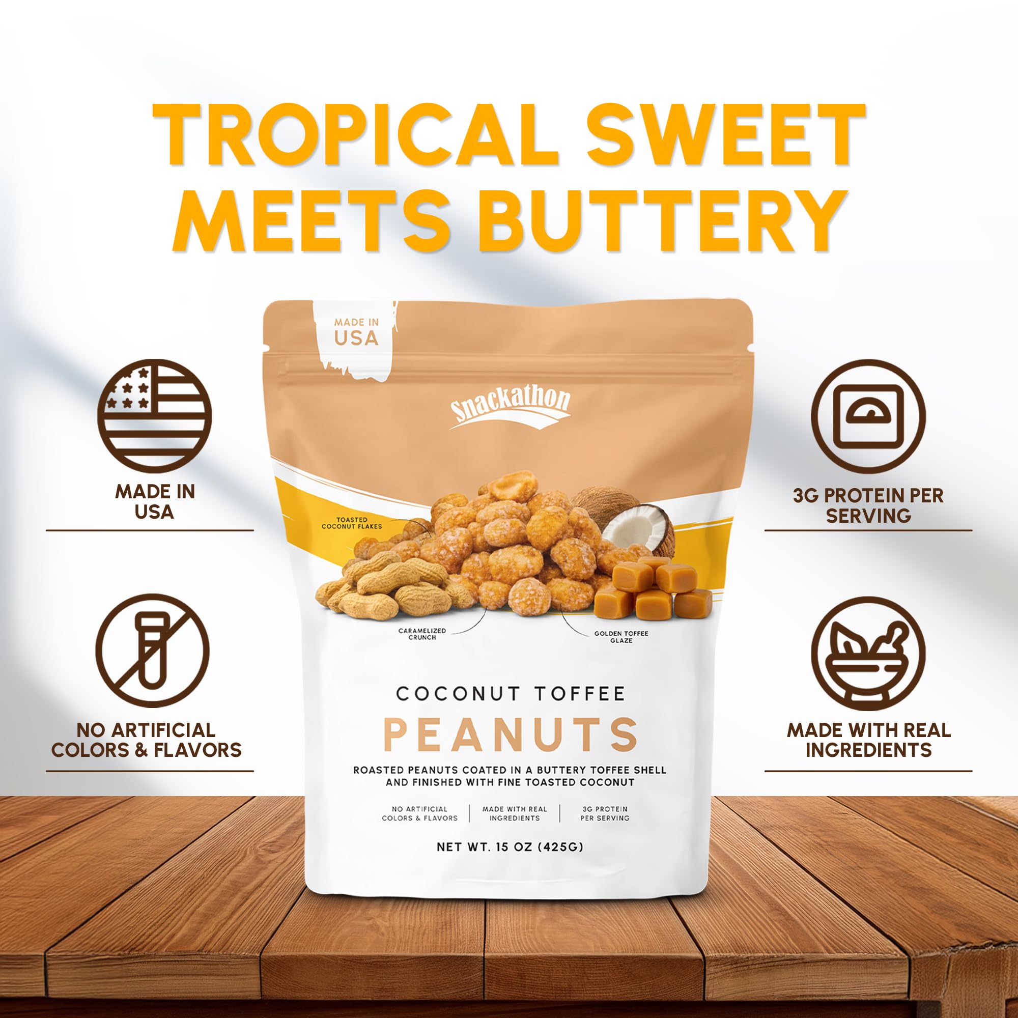 Snackathon bolsa abierta con cacahuetes para servir como snack dulce y salado