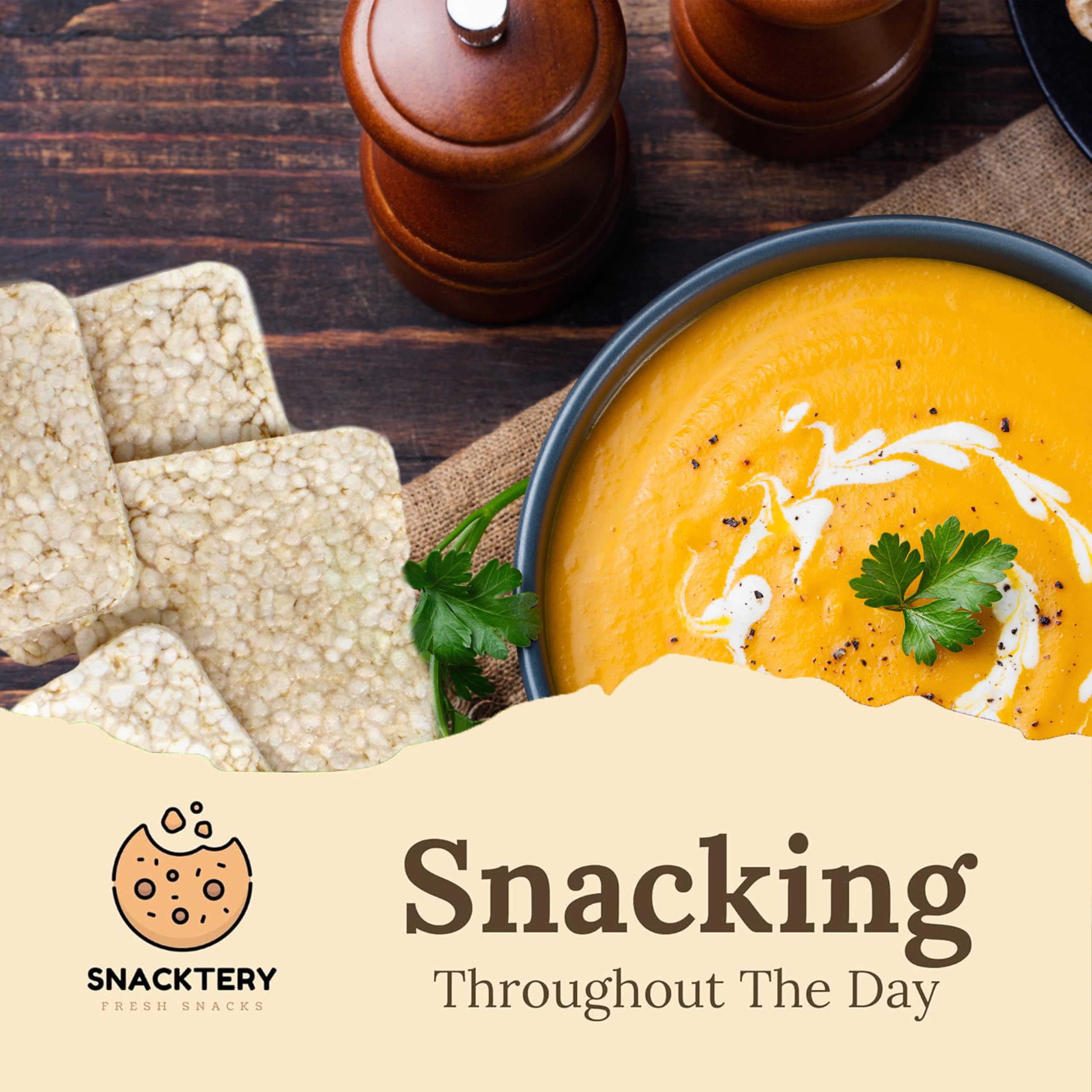 SNACKTERY cerca de etiqueta con ingredientes 100% arroz integral y sin sal añadida