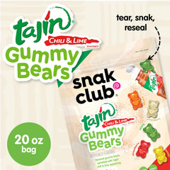 Snak Club primer plano de textura gomosa con recubrimiento Tajín, sabor balanceado