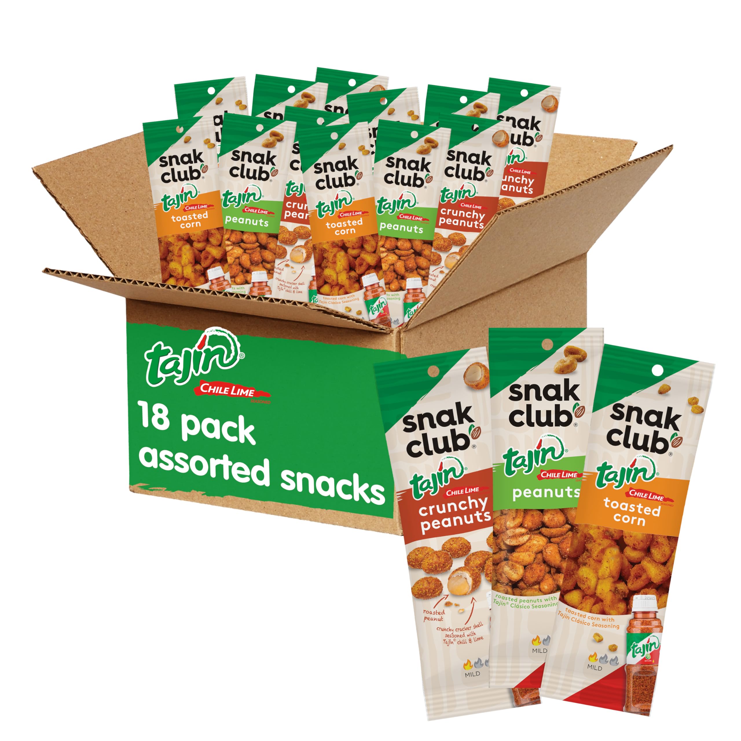 Snak Club frente del empaque variedad Tajin mostrando 18 bolsas, ideal para llevar