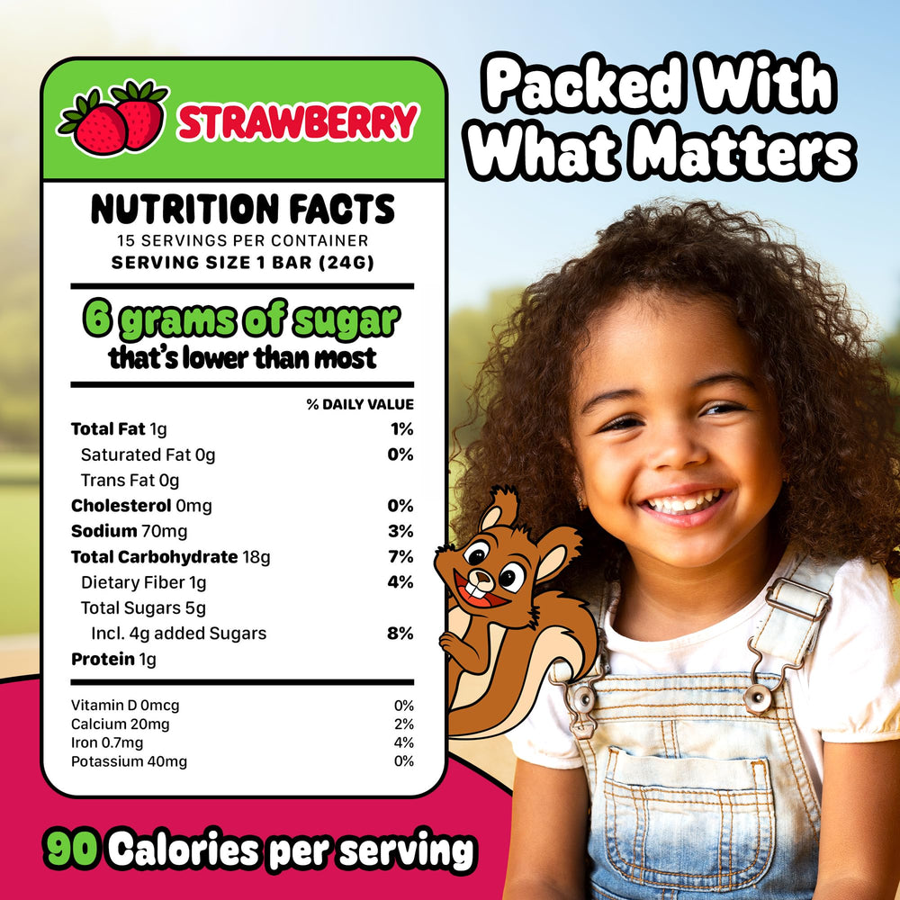 Snakkidz primer plano de textura masticable con fresa visible y beneficios