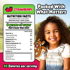 Snakkidz primer plano de textura masticable con fresa visible y beneficios