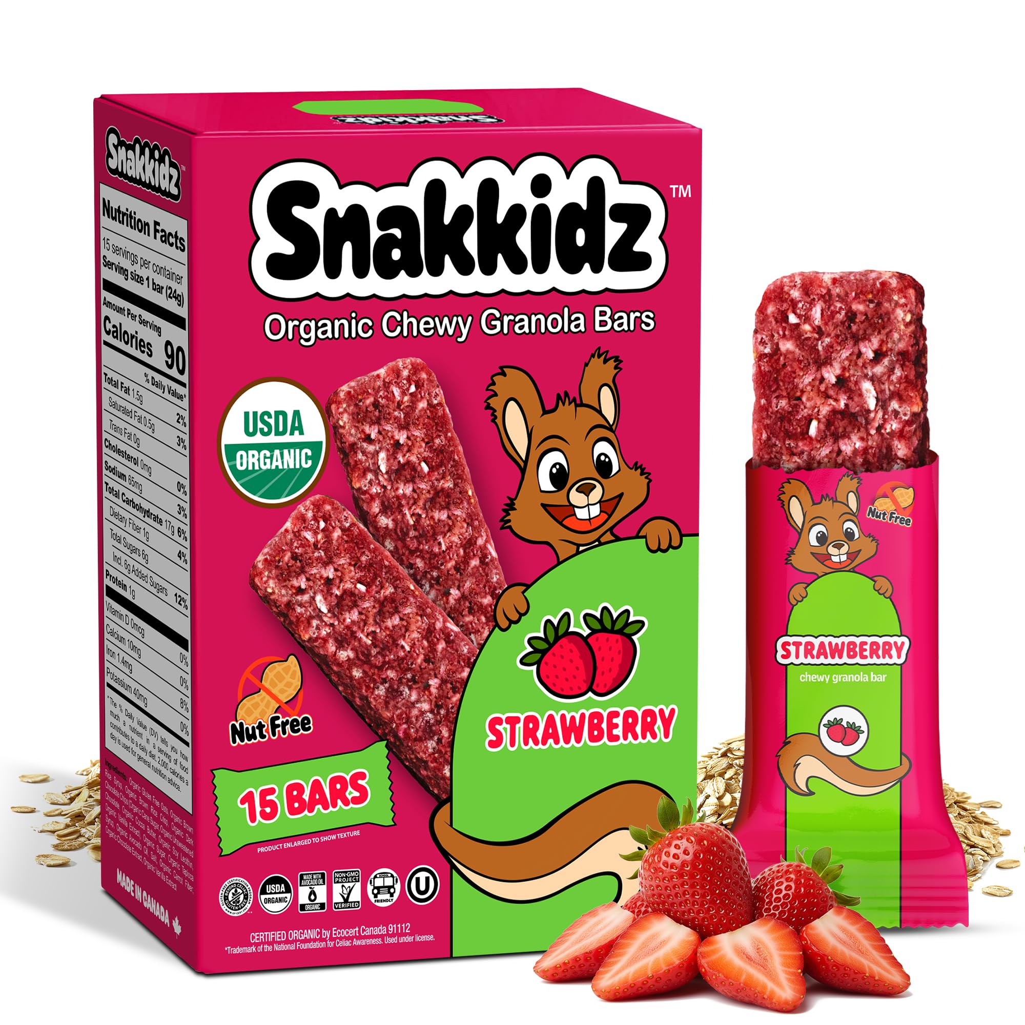 Snakkidz frente del empaque mostrando 15 barras y sellos orgánicos
