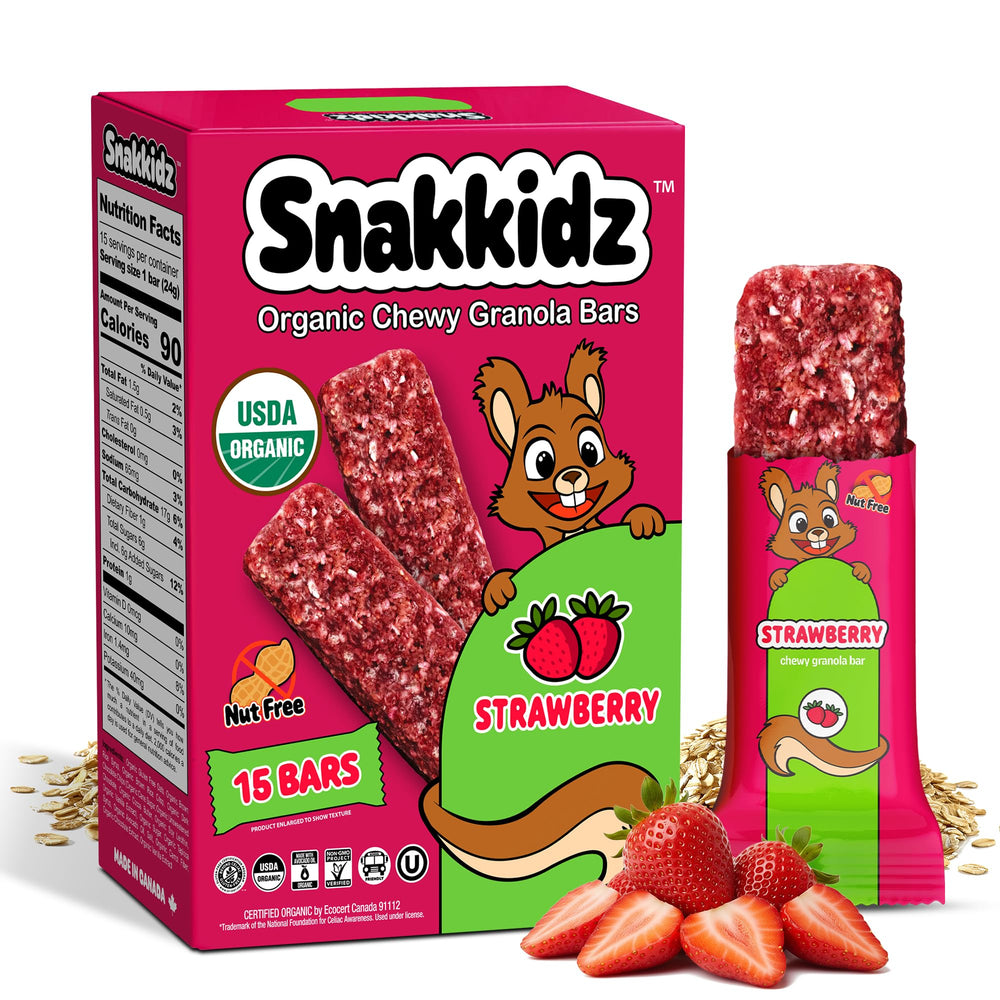 Snakkidz frente del empaque mostrando 15 barras y sellos orgánicos