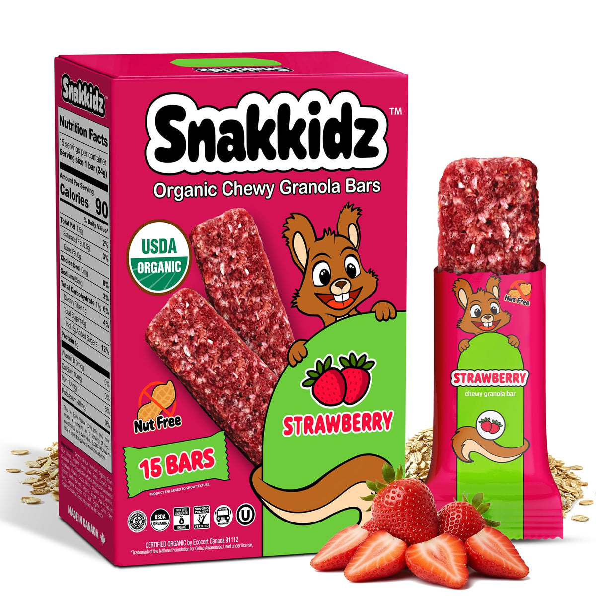 Snakkidz frente del empaque mostrando 15 barras y sellos orgánicos